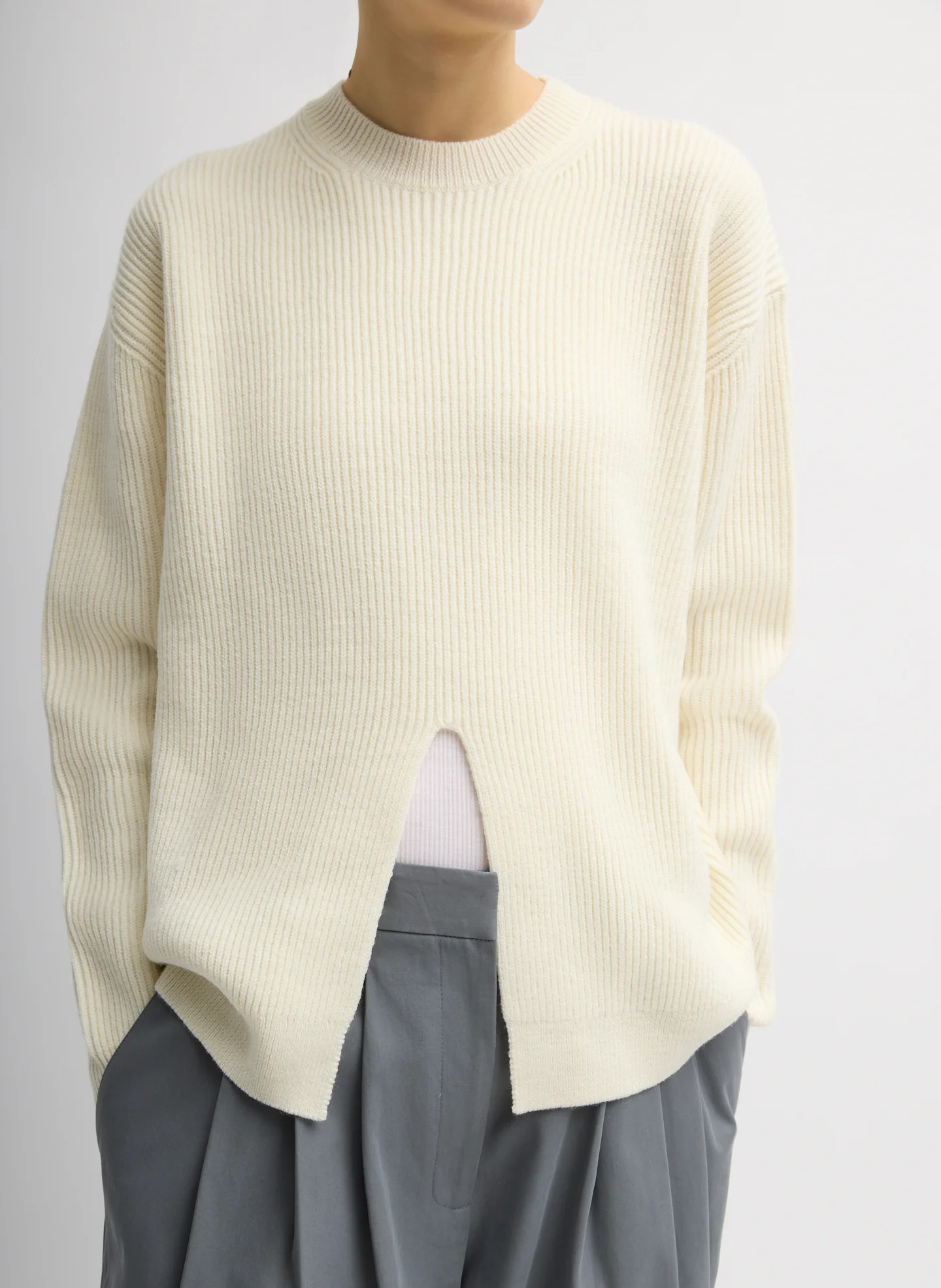 Cardigan Stitch Split Front Crewneck Easy Pullover