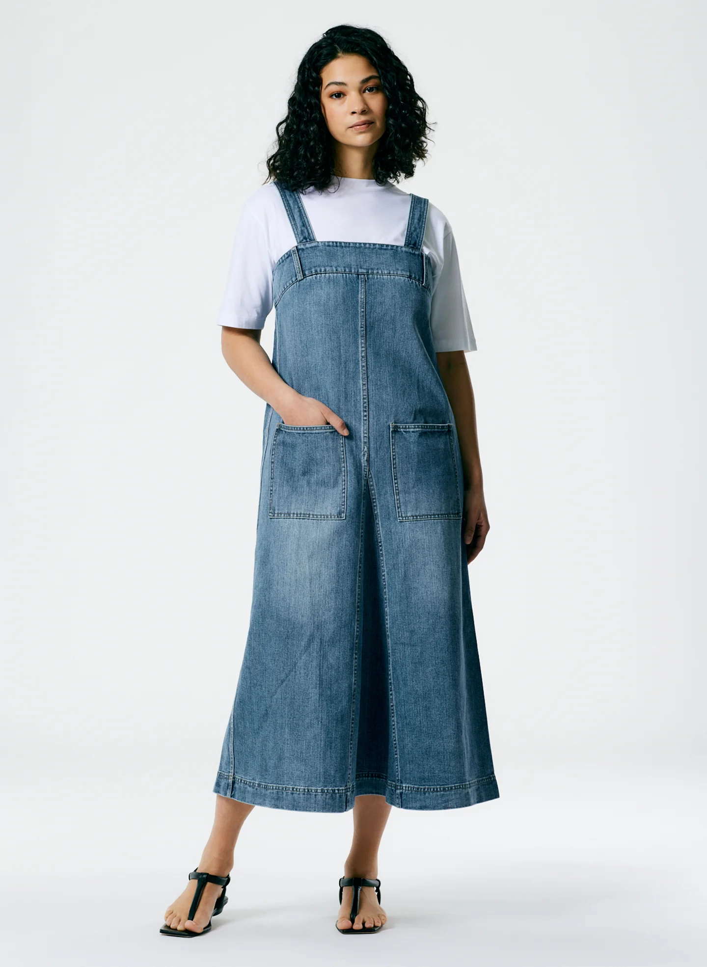 Classic Wash Denim Midi Overall Dress