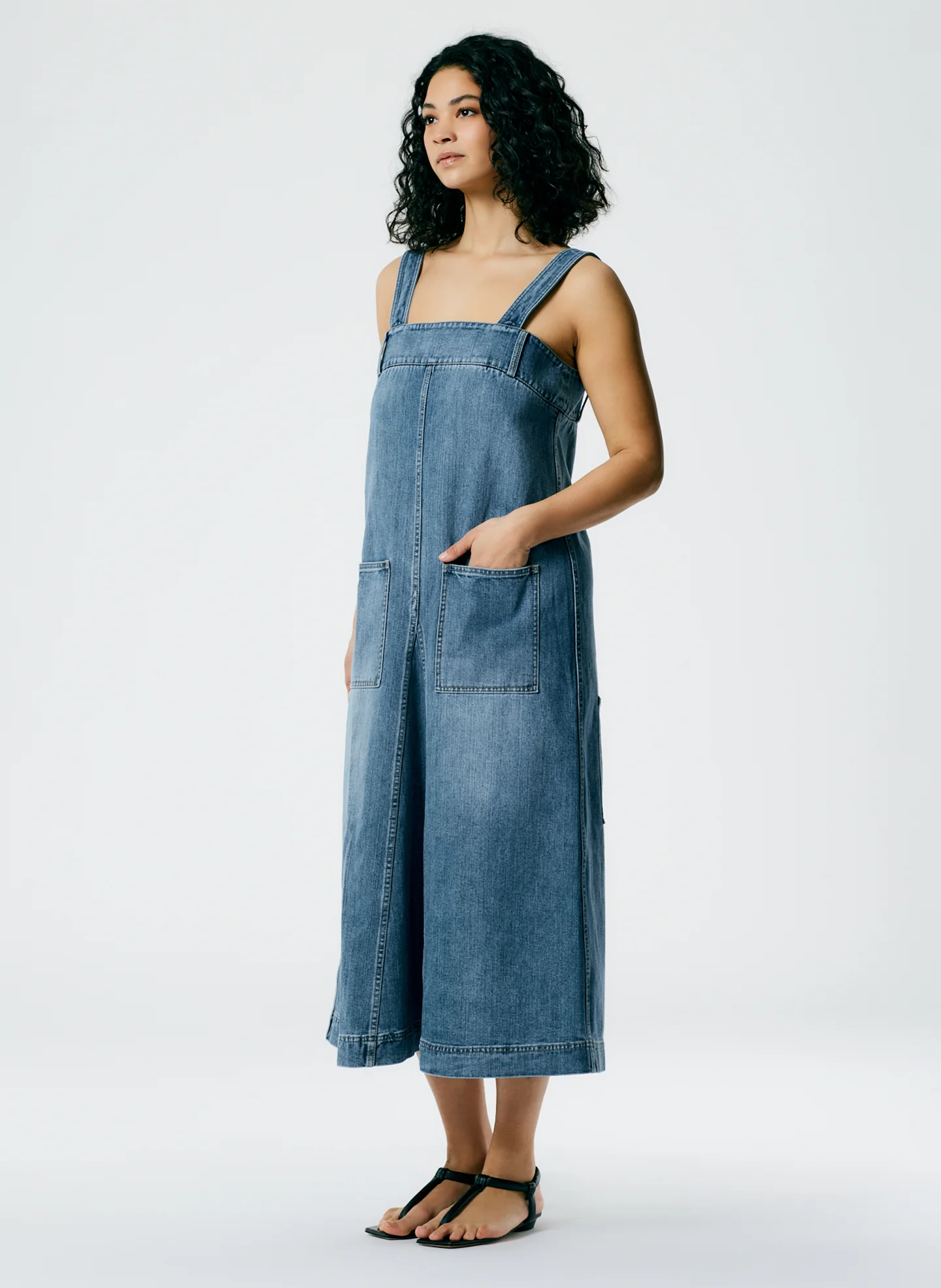 Classic Wash Denim Midi Overall Dress - Image 8