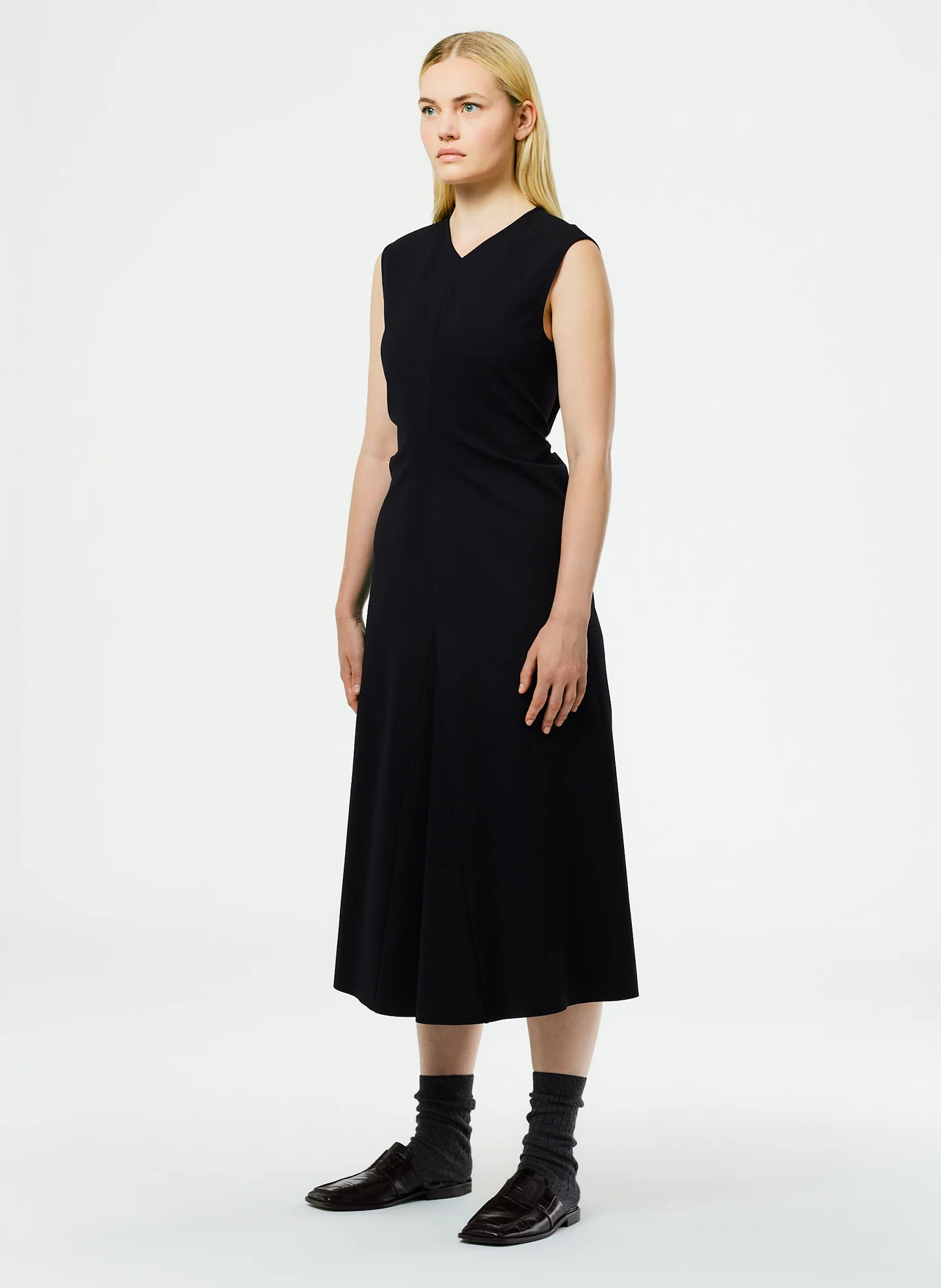 Compact Ultra Stretch Knit V-Neck Godet Dress - Image 3