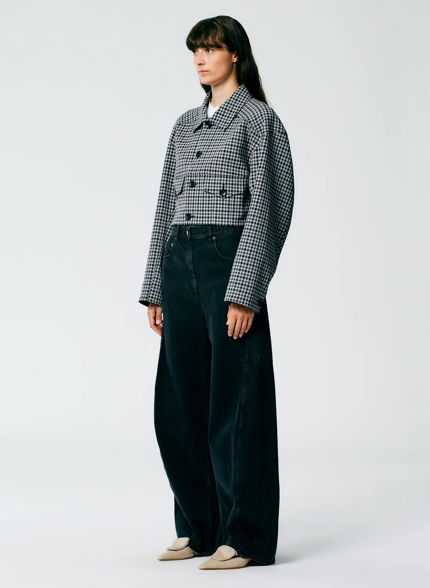 Double Faced Menswear Check Cropped Jean Jacket - Image 2
