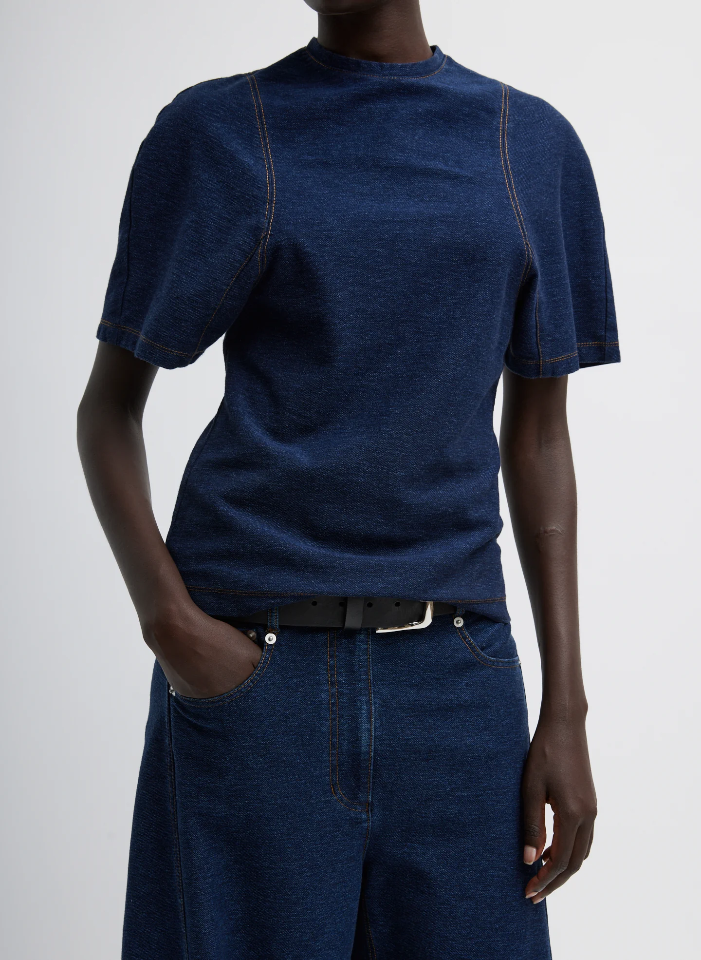 Indigo Barre Denim Knit Sculpted Shrunken T-Shirt
