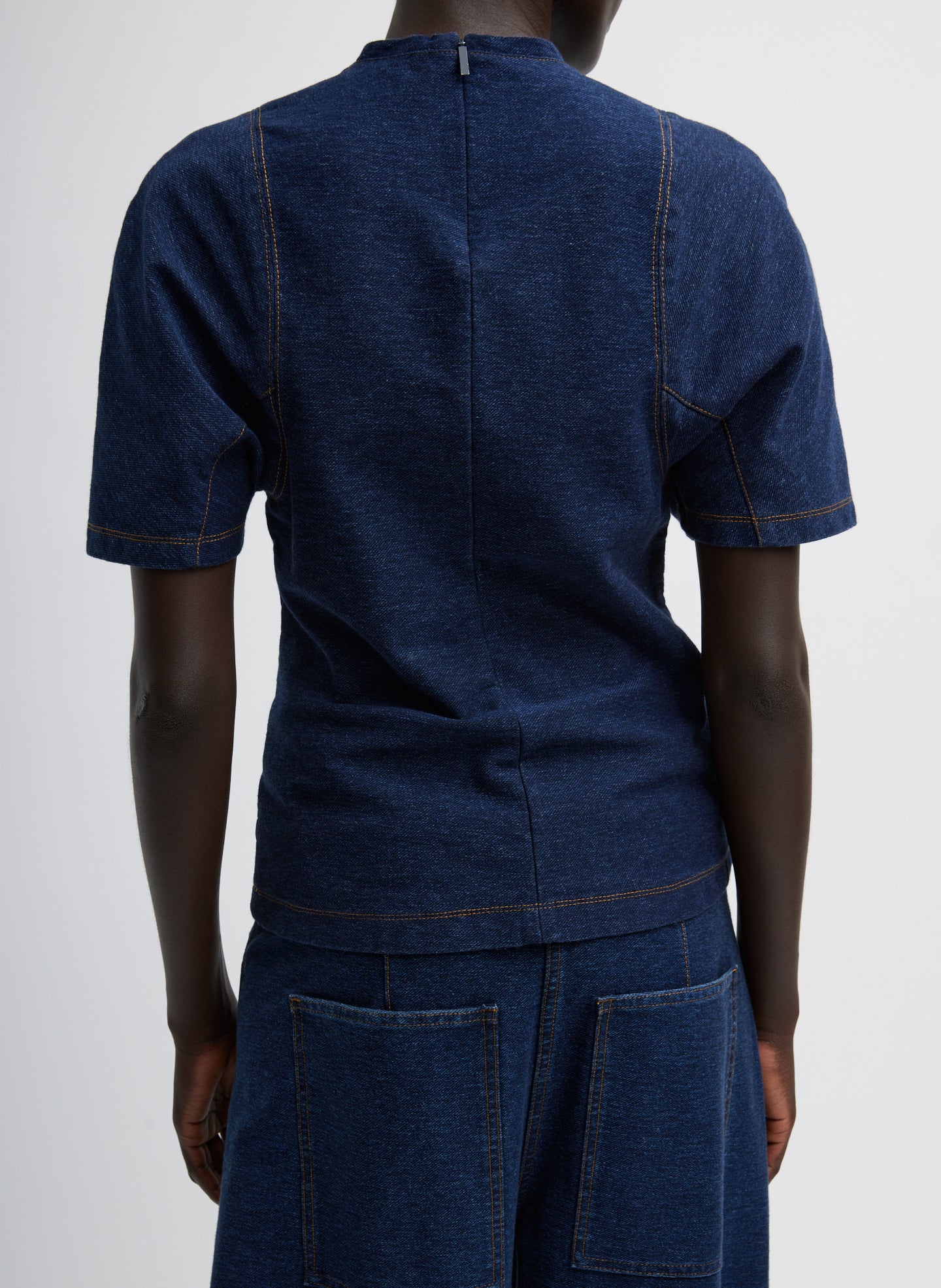 Indigo Barre Denim Knit Sculpted Shrunken T-Shirt - Image 3