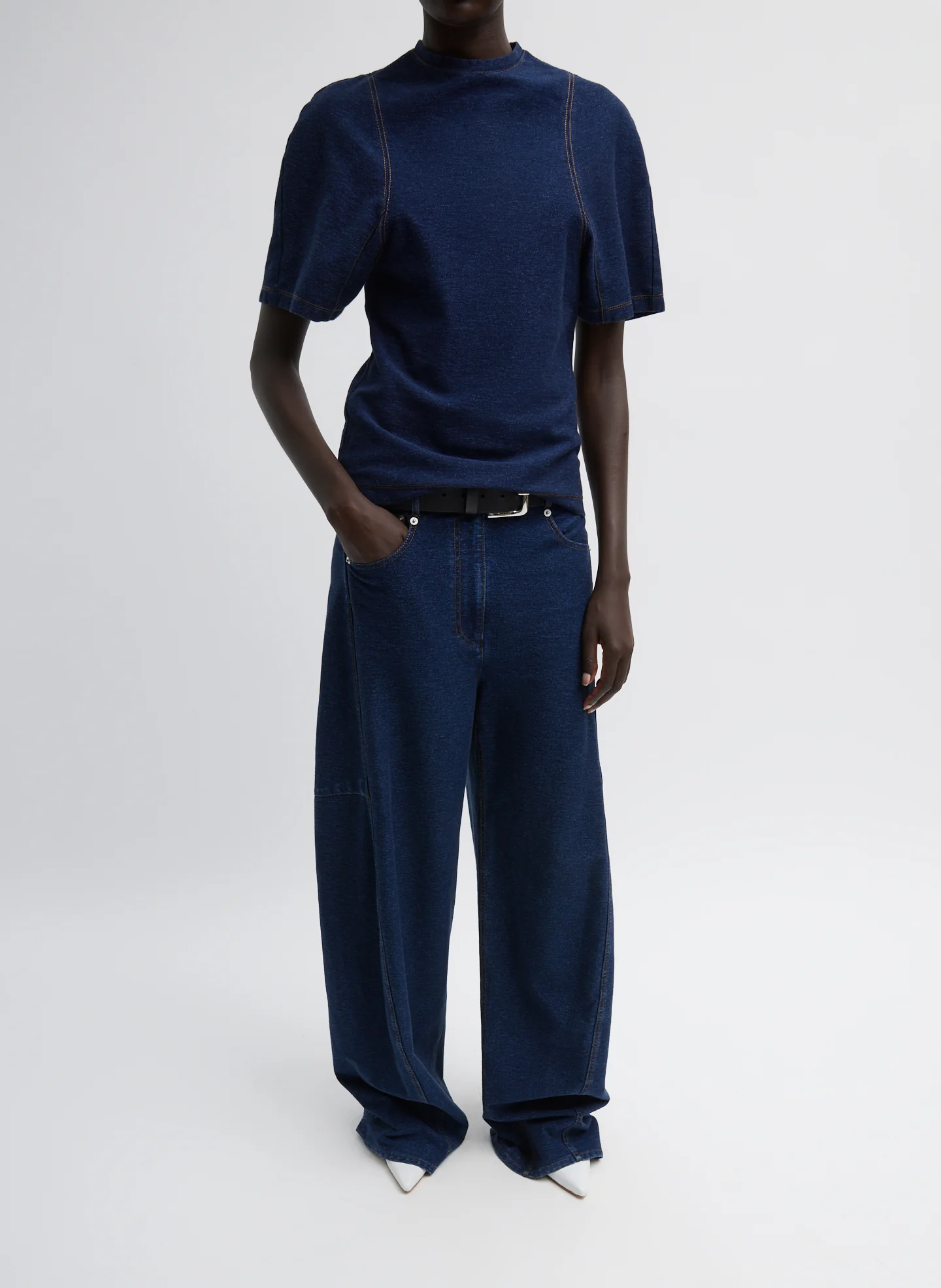 Indigo Barre Denim Knit Sculpted Shrunken T-Shirt - Image 4