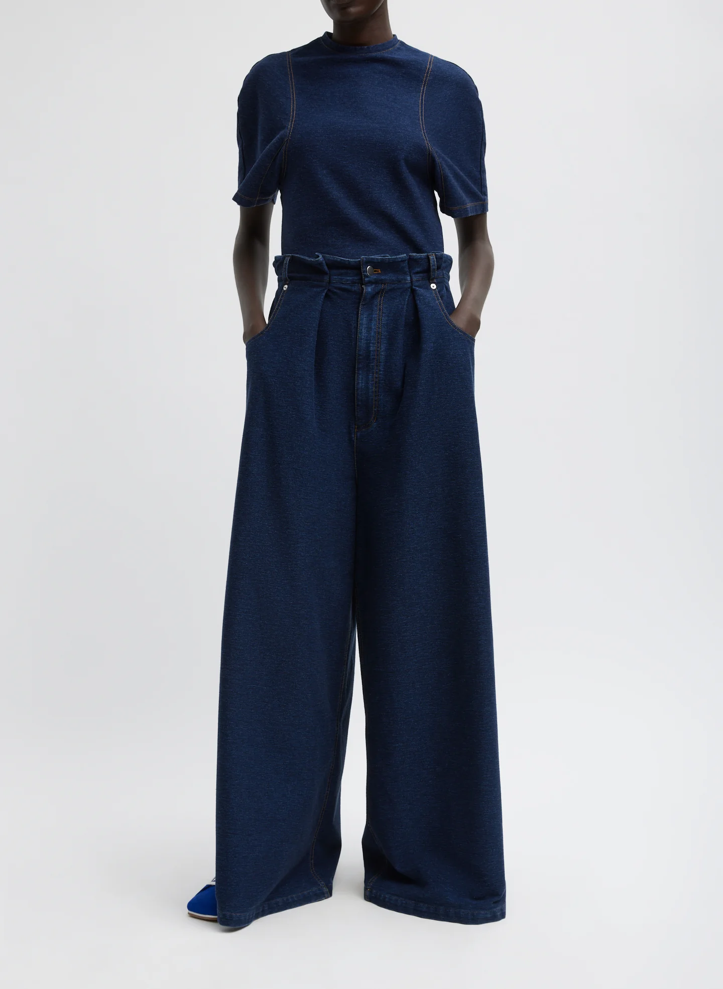 Indigo Barre Denim Knit Walker Wide Leg Jean