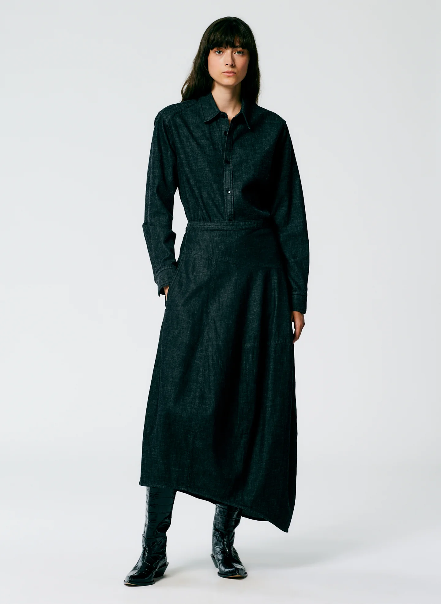 Light Weight Stone Washed Black Denim Asymmetrical Balloon Skirt - Petite