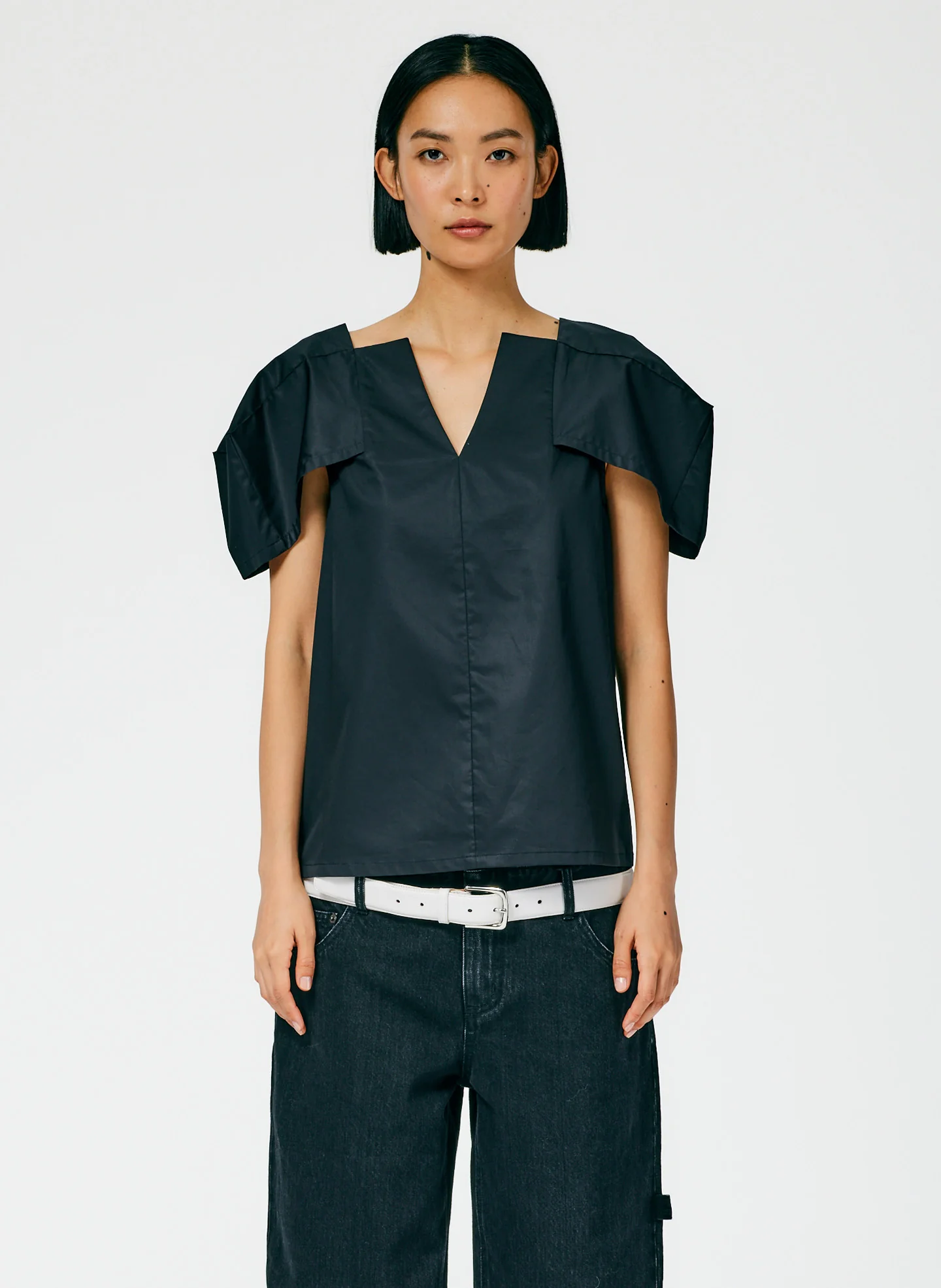 Lightweight Cotton Sateen Box Sleeve Split Neck Top - Image 2