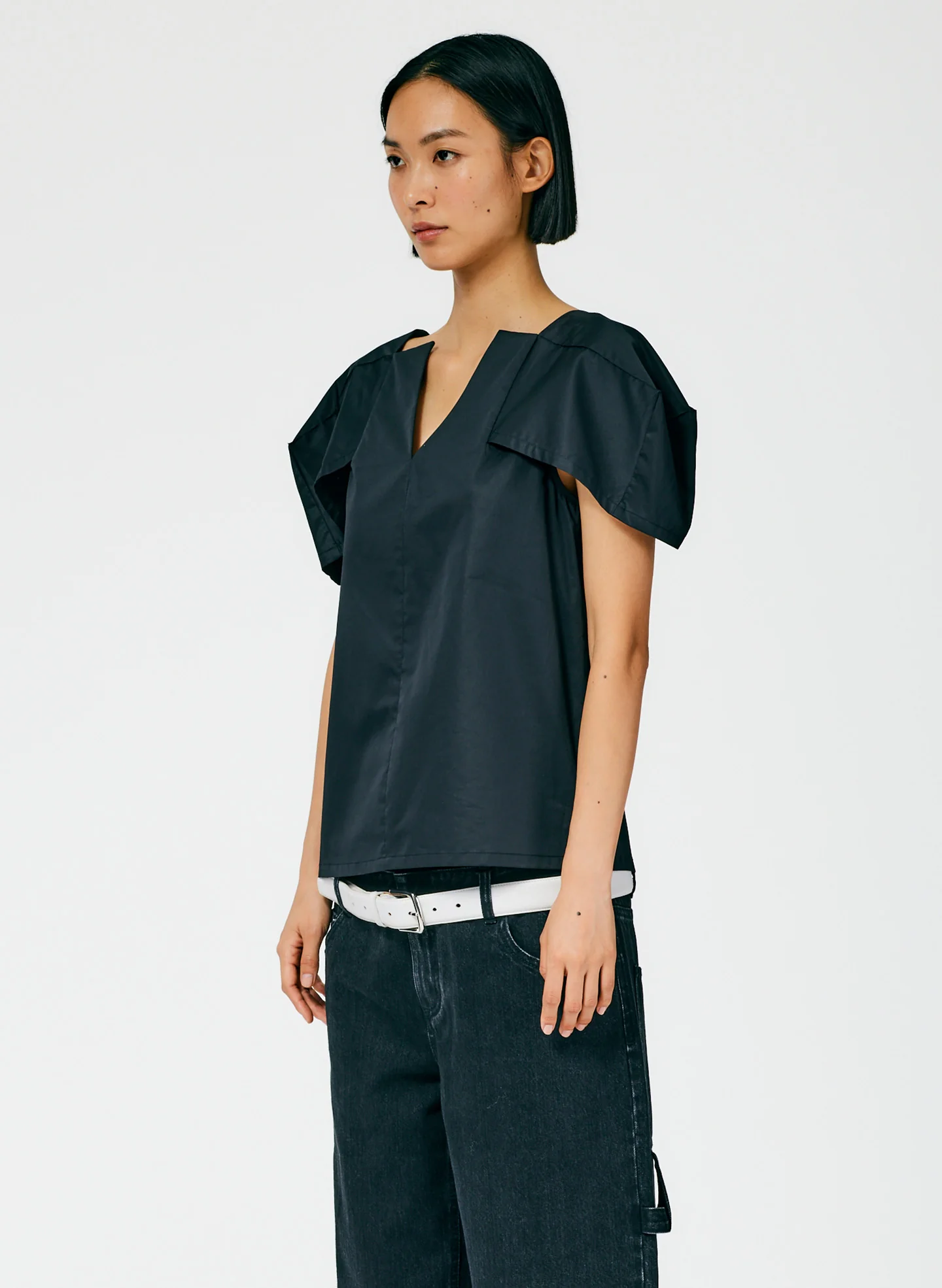 Lightweight Cotton Sateen Box Sleeve Split Neck Top - Image 3