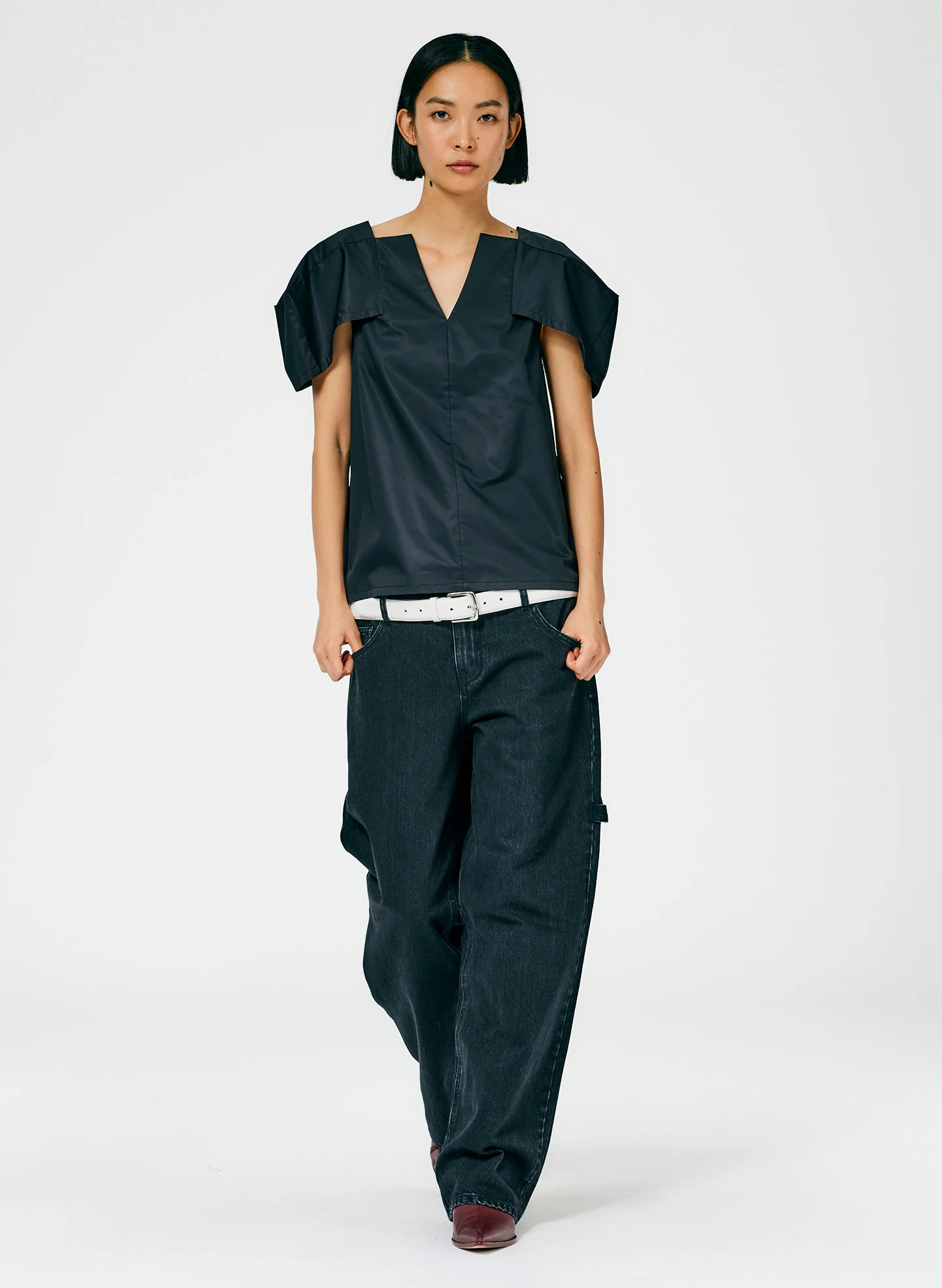 Lightweight Cotton Sateen Box Sleeve Split Neck Top - Image 5