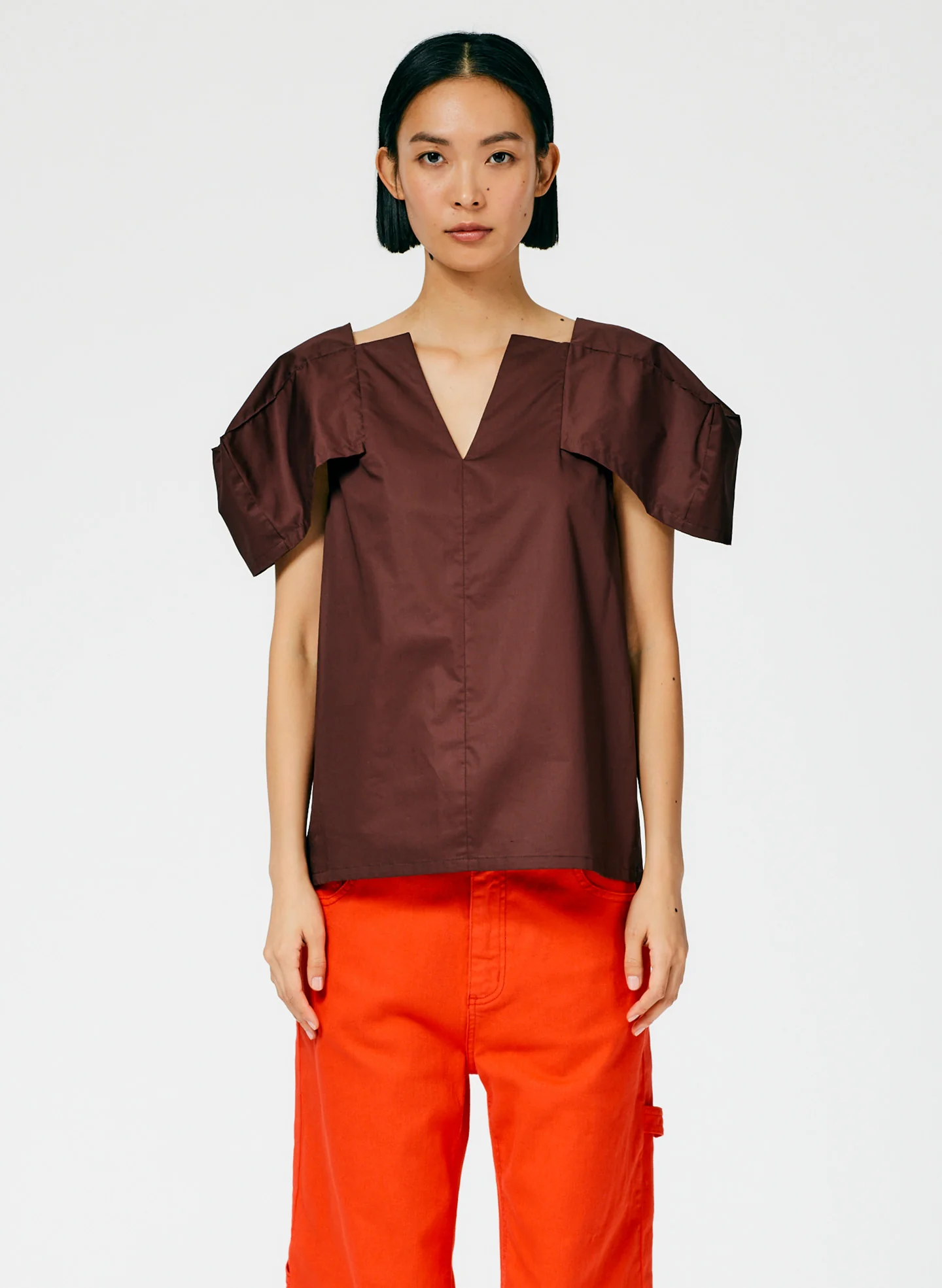 Lightweight Cotton Sateen Box Sleeve Split Neck Top - Image 2