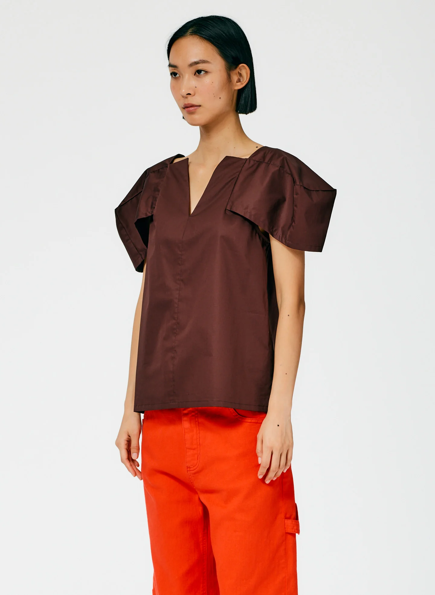 Lightweight Cotton Sateen Box Sleeve Split Neck Top - Image 3