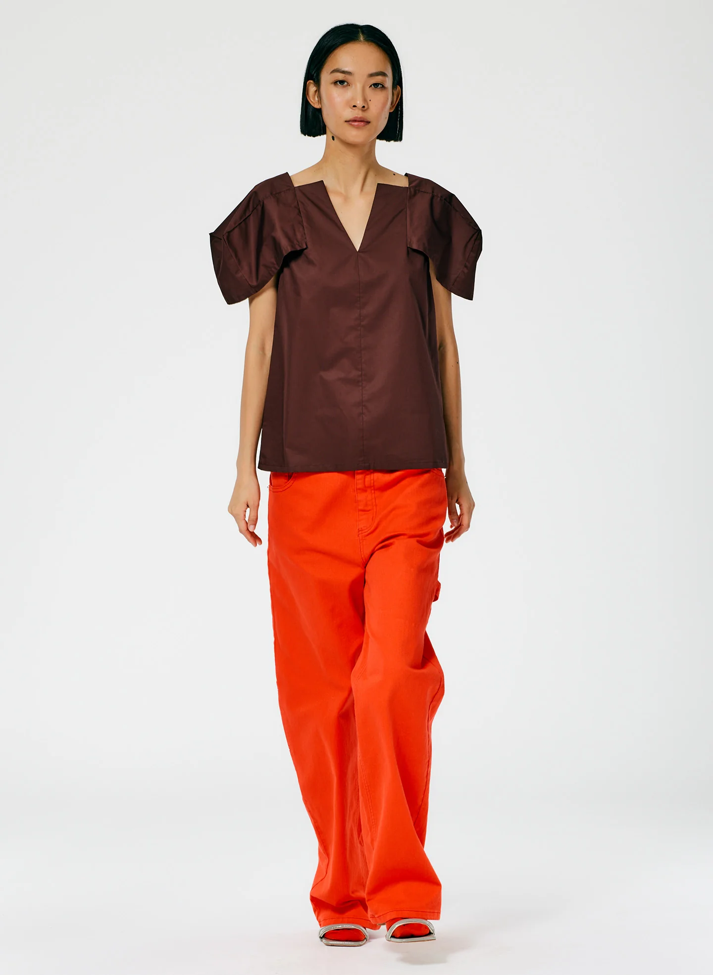 Lightweight Cotton Sateen Box Sleeve Split Neck Top - Image 5