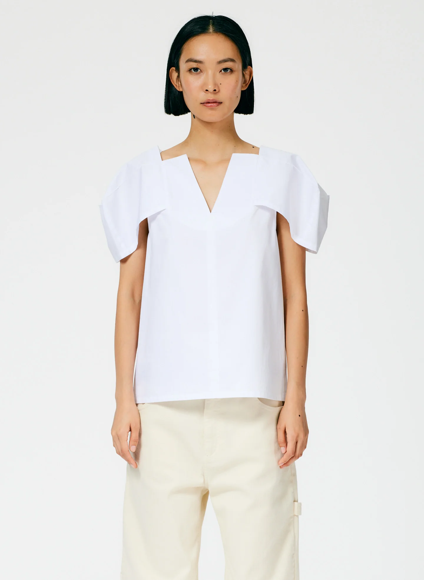 Lightweight Cotton Sateen Box Sleeve Split Neck Top - Image 2