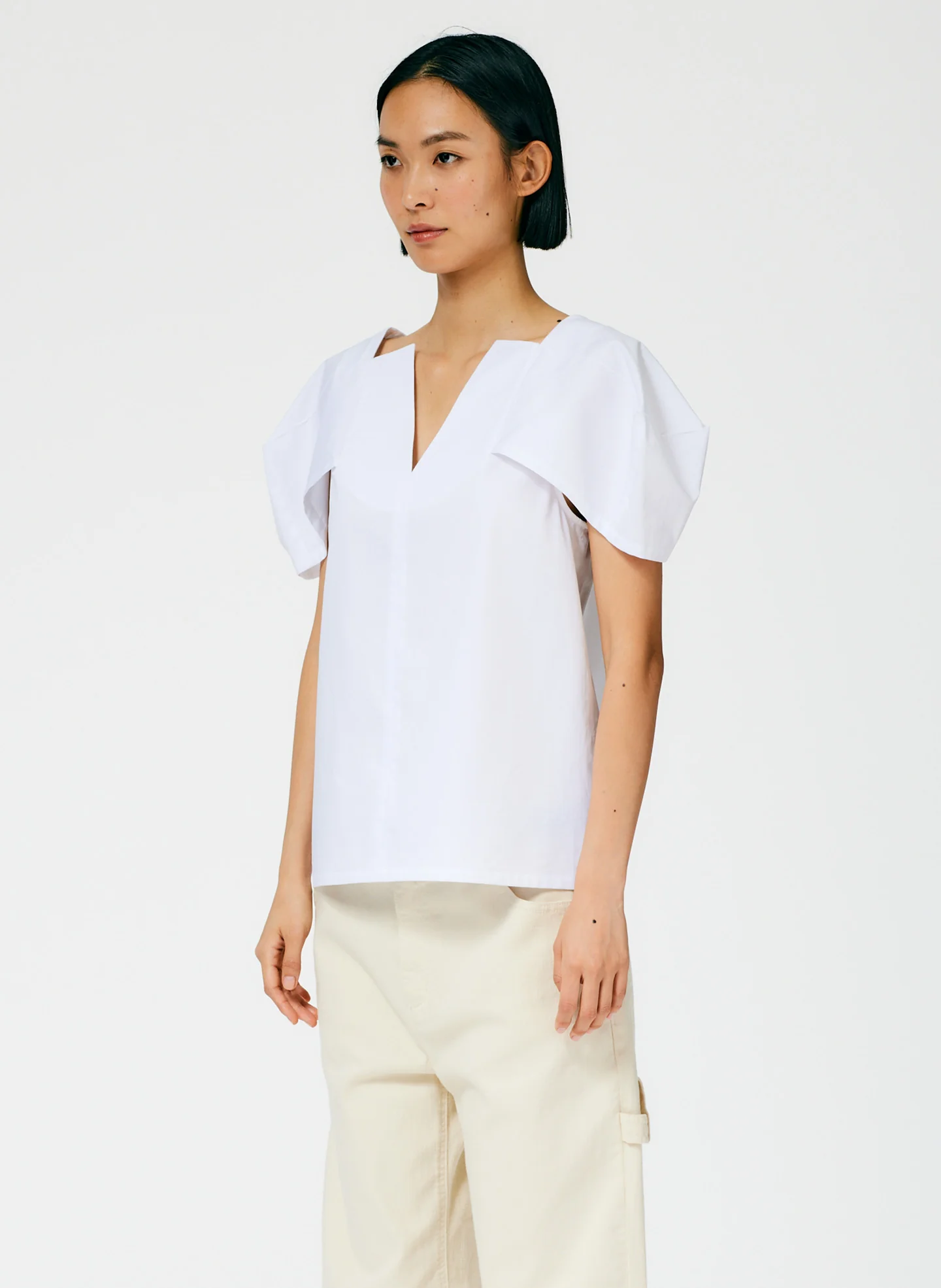 Lightweight Cotton Sateen Box Sleeve Split Neck Top - Image 3