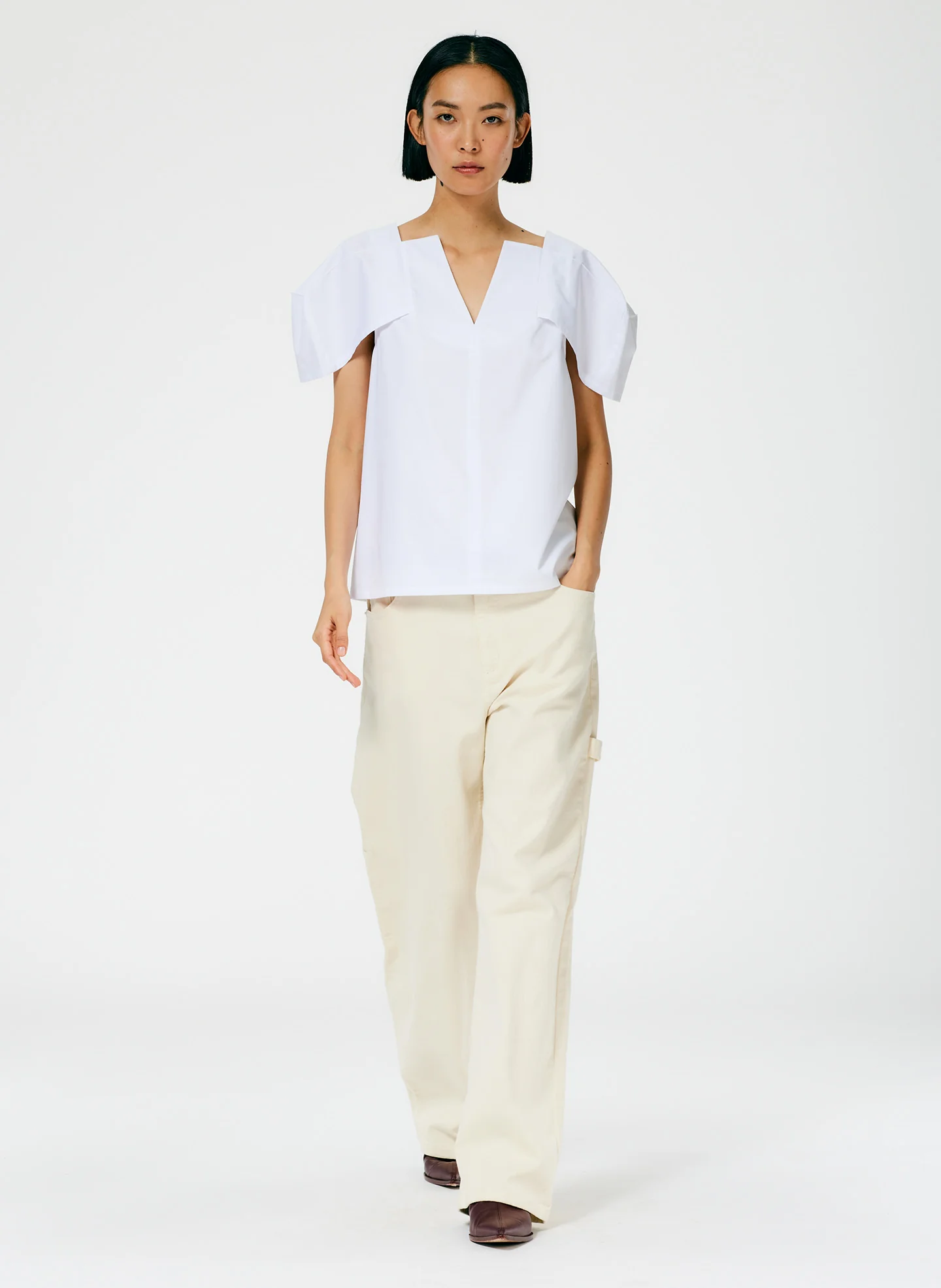 Lightweight Cotton Sateen Box Sleeve Split Neck Top - Image 5