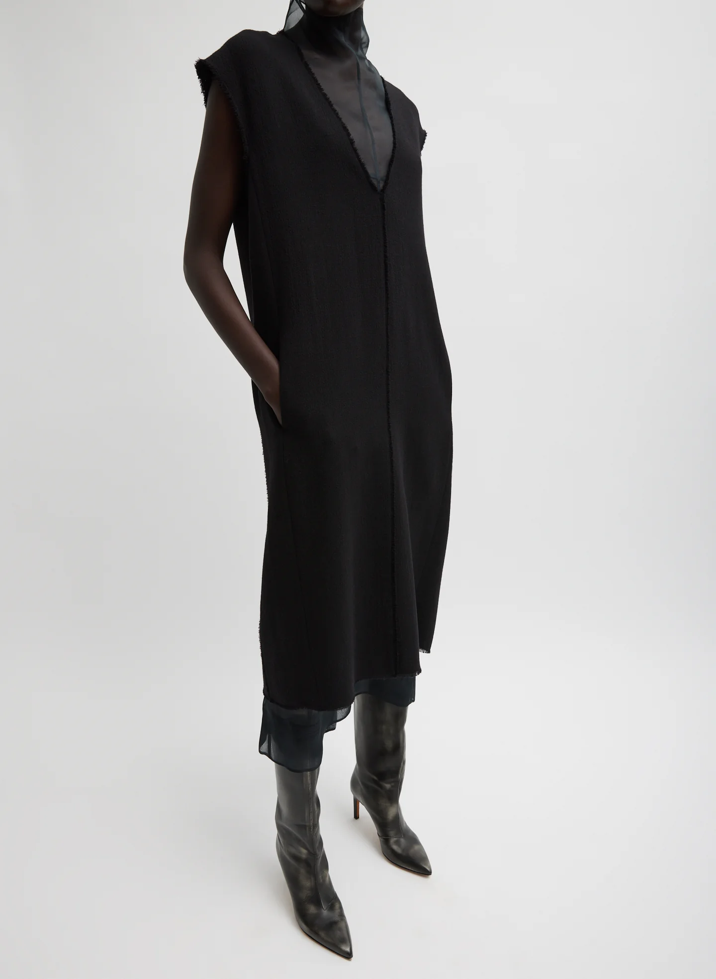 Melee Crepe V-Neck Dress With Organza Lining