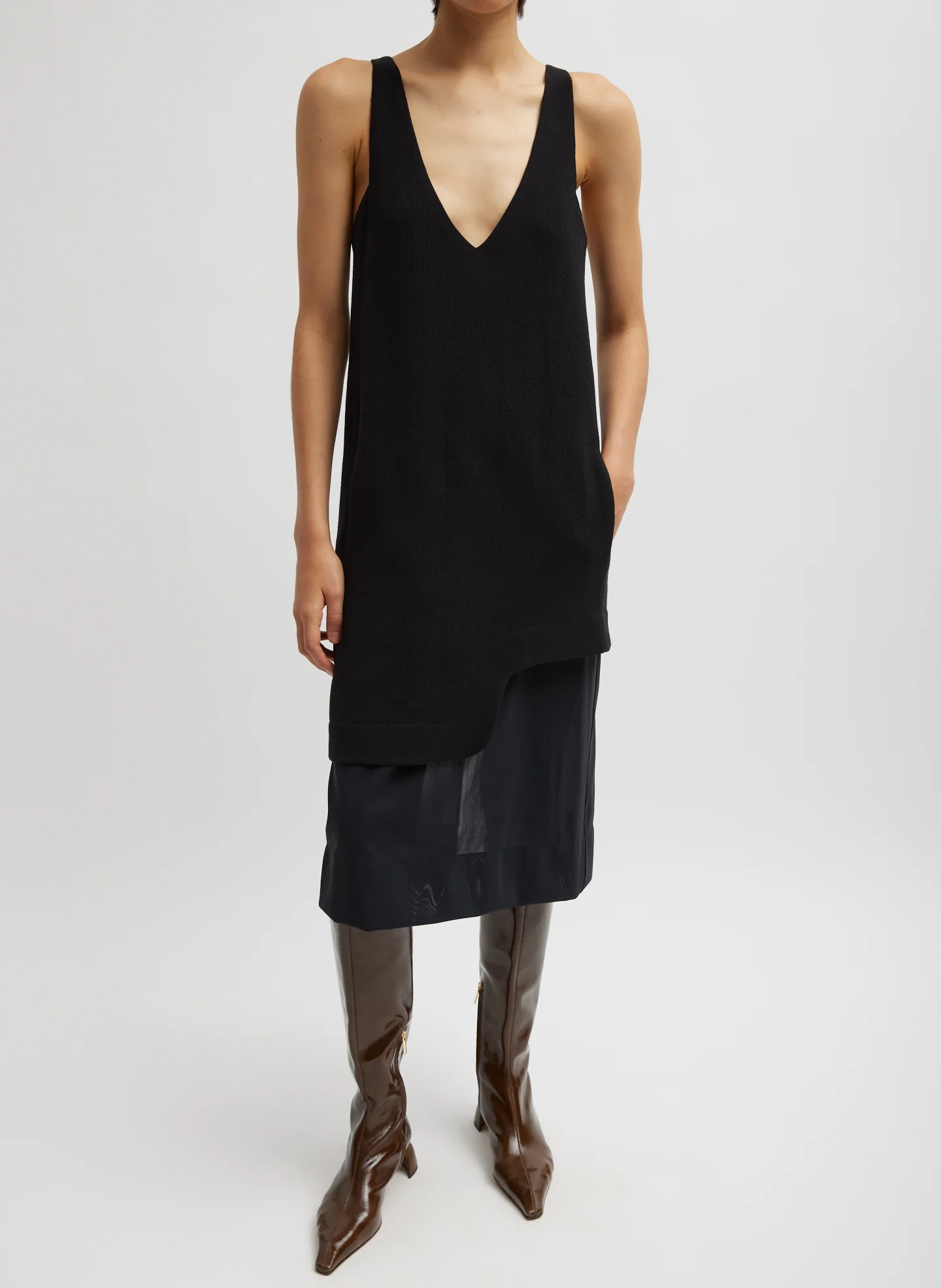 Melee Crepe V-Neck Power Mesh Combo Dress