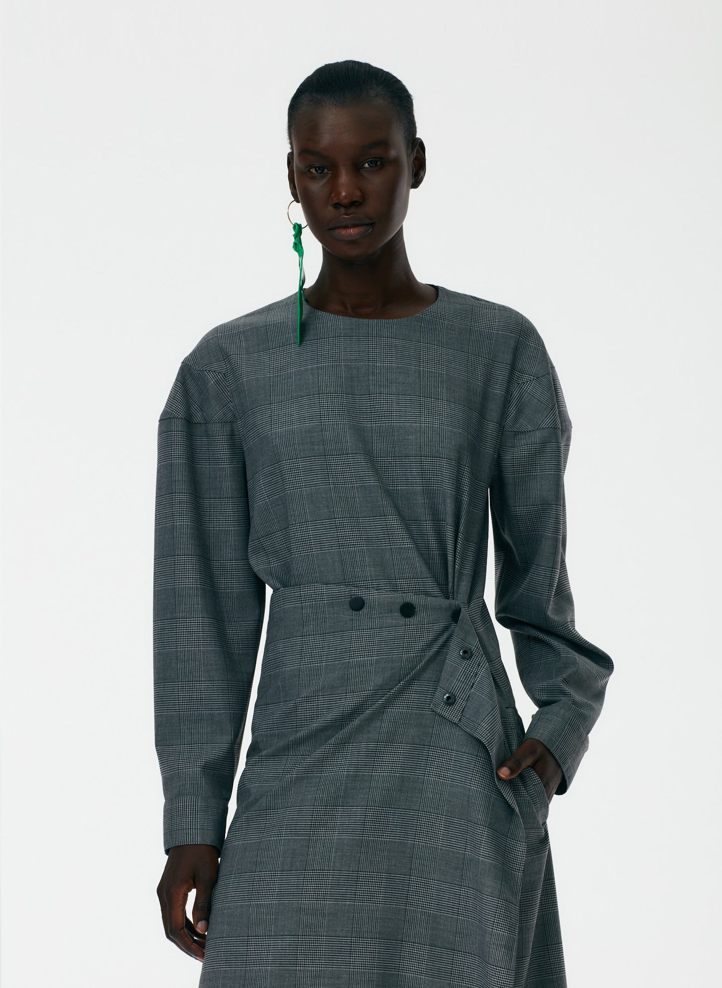 Menswear Collage Asymmetric Flap Snap Dress - Image 8