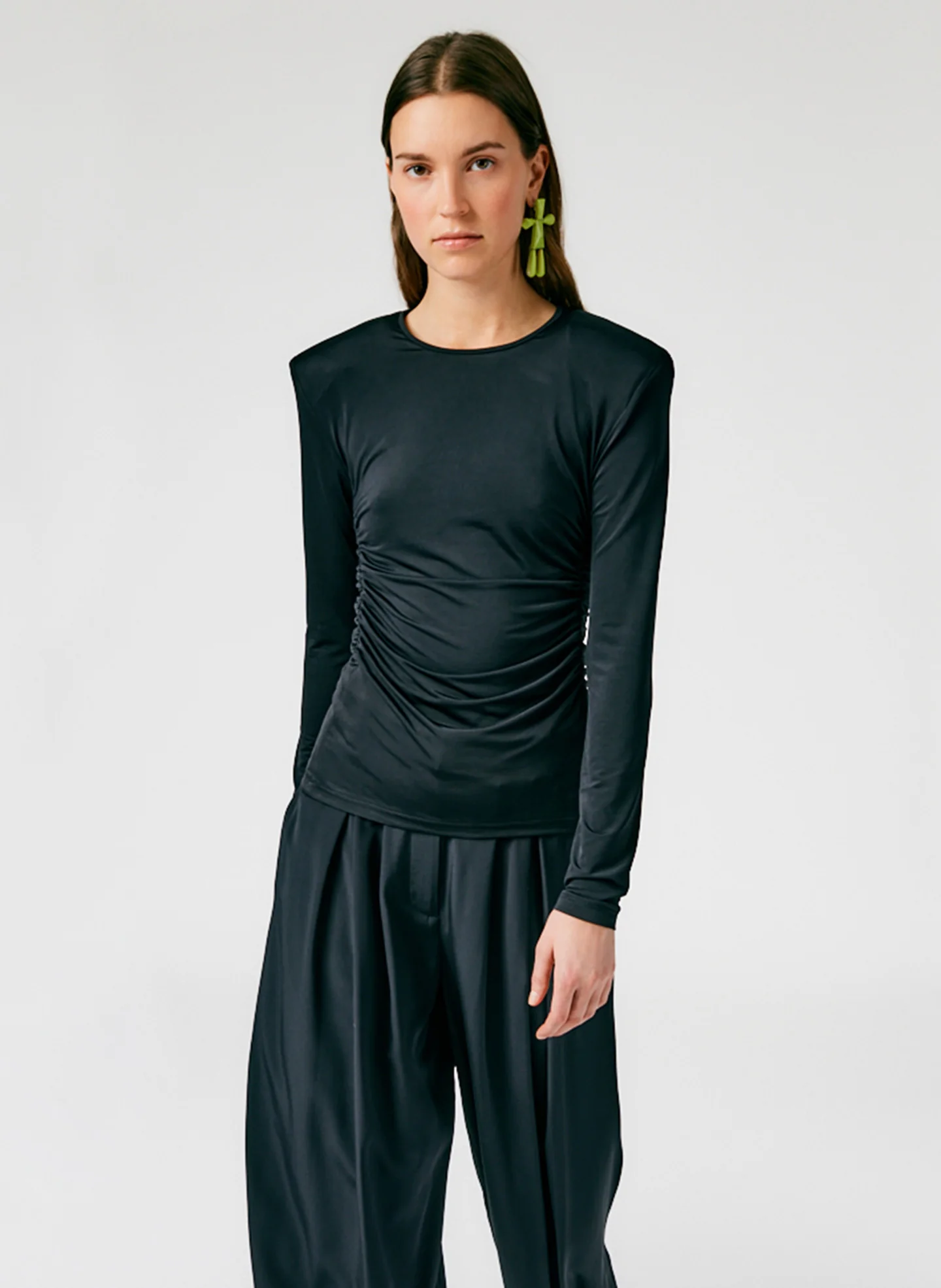 Micro Jersey Shoulderpad Fitted Crewneck Top