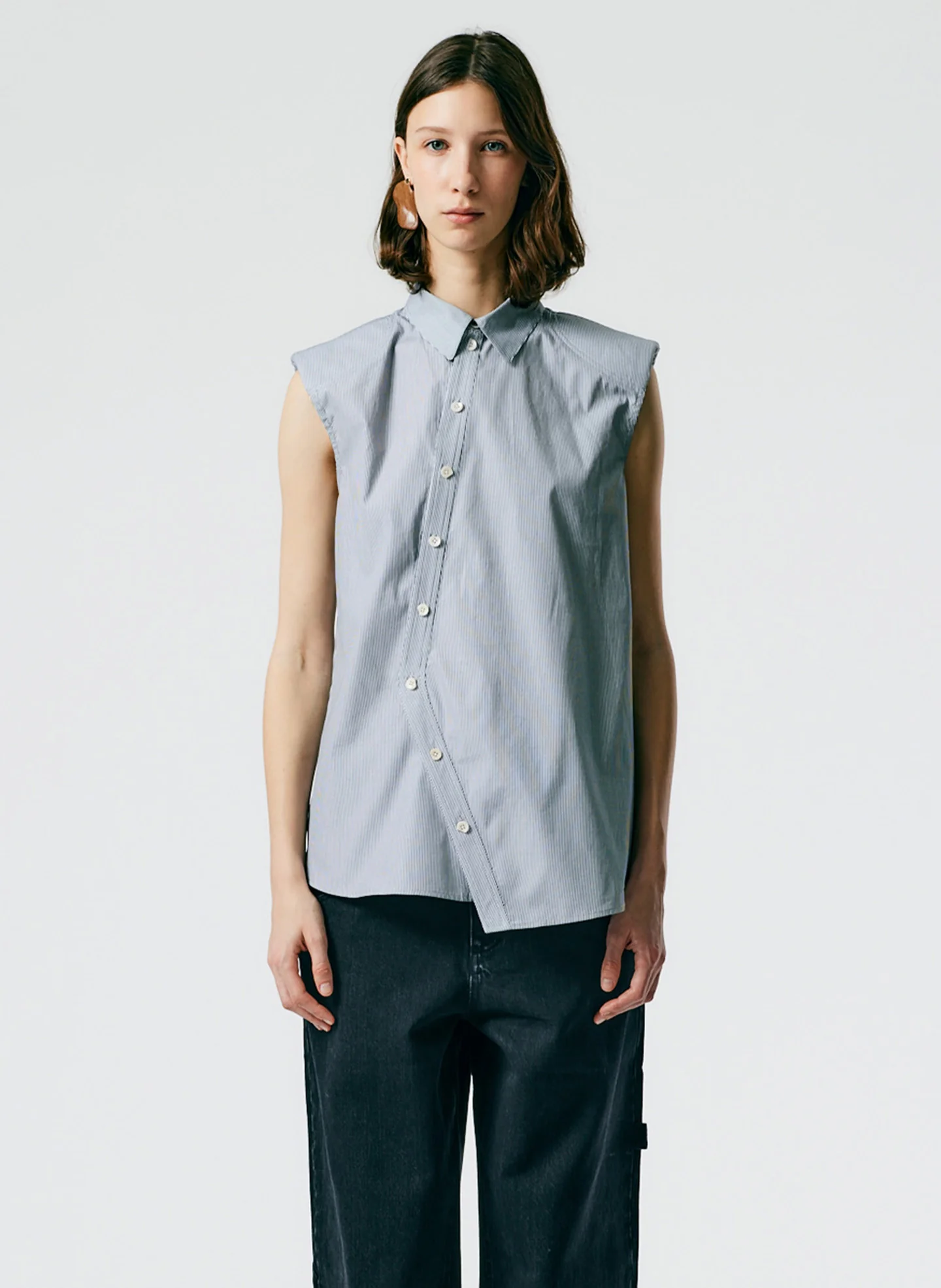 Micro Stripe Sleeveless Shoulderpad Shirt - Image 2