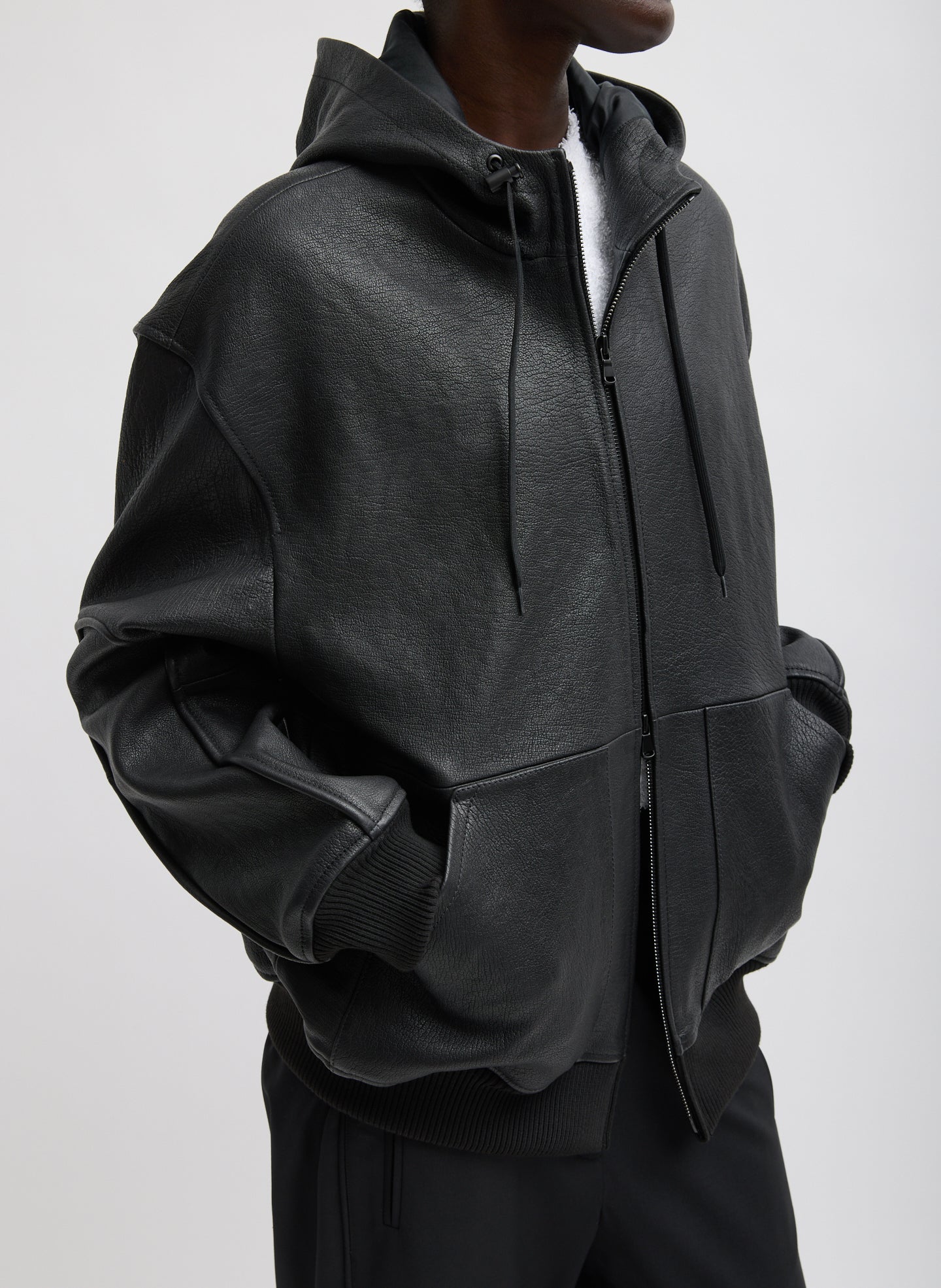 Pebbled Leather Zip Up Hoodie Jacket