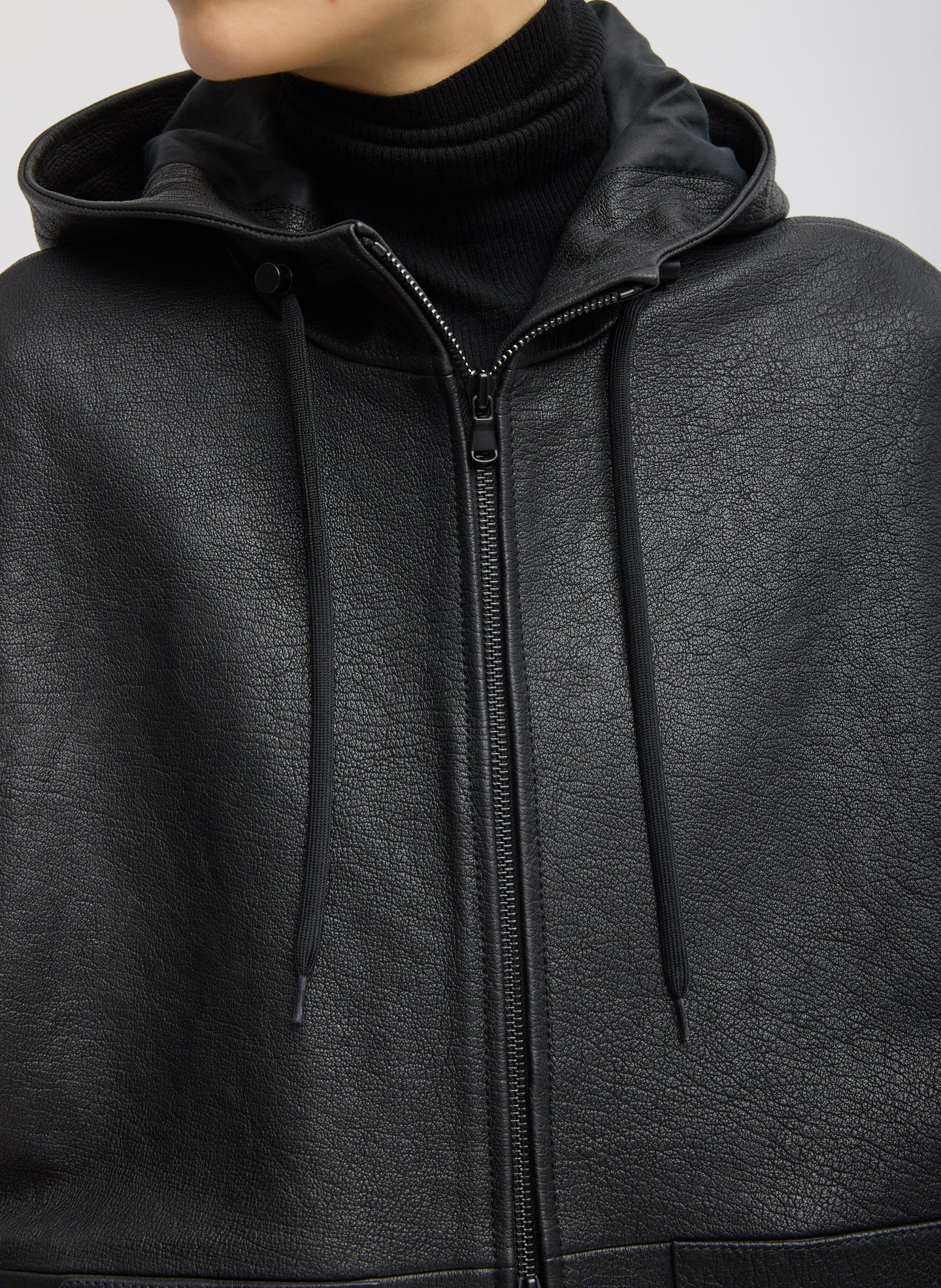 Pebbled Leather Zip Up Hoodie Jacket - Image 11