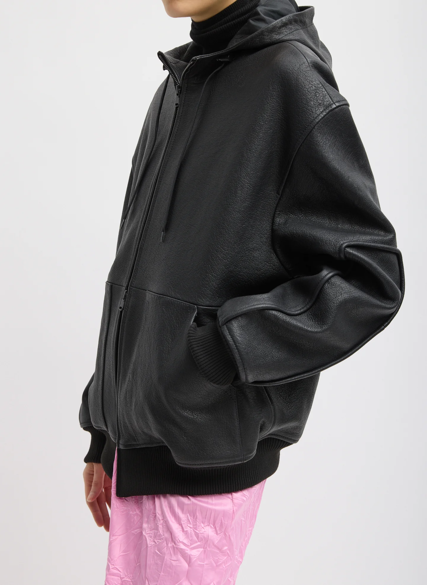 Pebbled Leather Zip Up Hoodie Jacket - Image 13