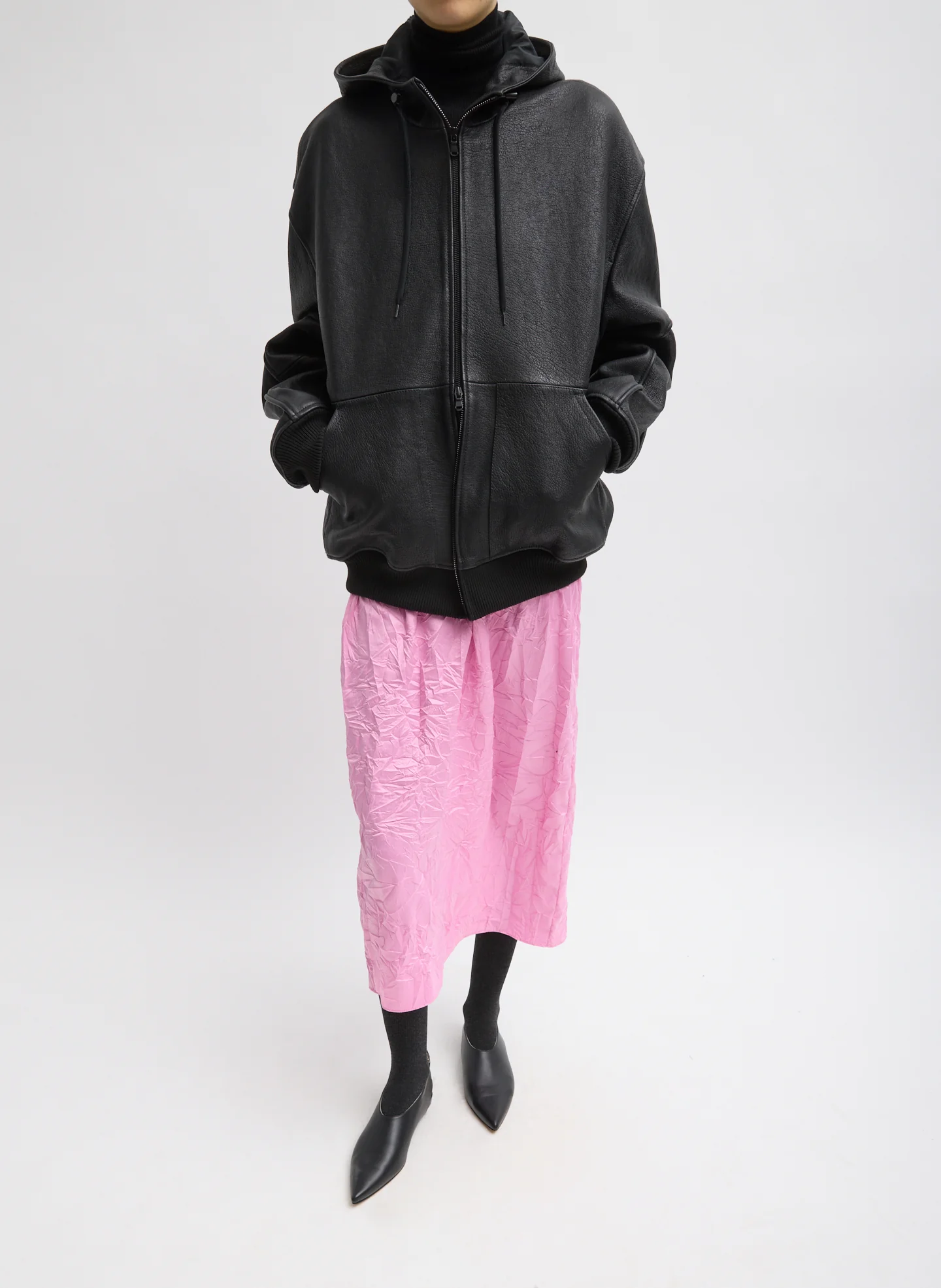 Pebbled Leather Zip Up Hoodie Jacket - Image 3