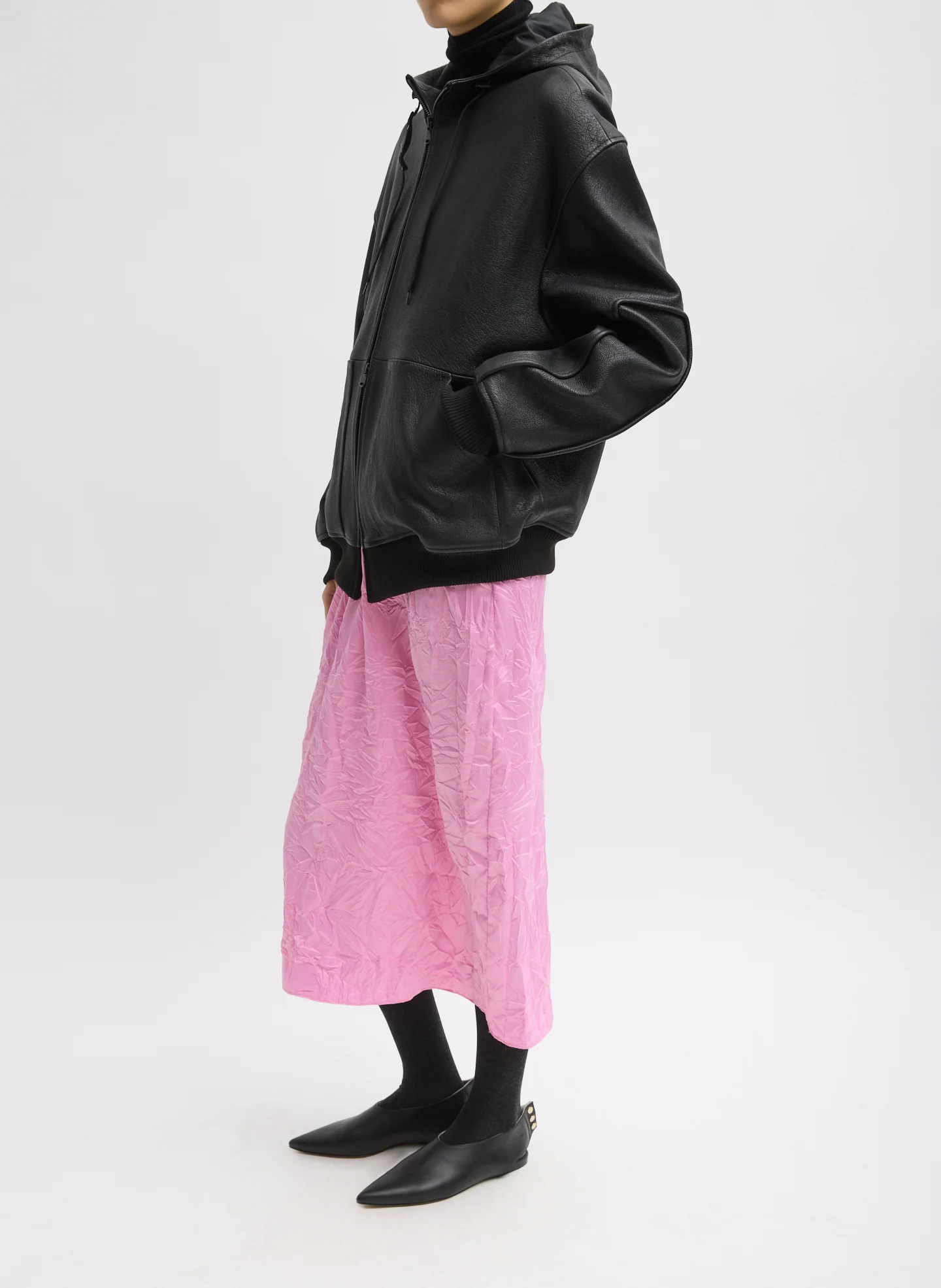Pebbled Leather Zip Up Hoodie Jacket - Image 4