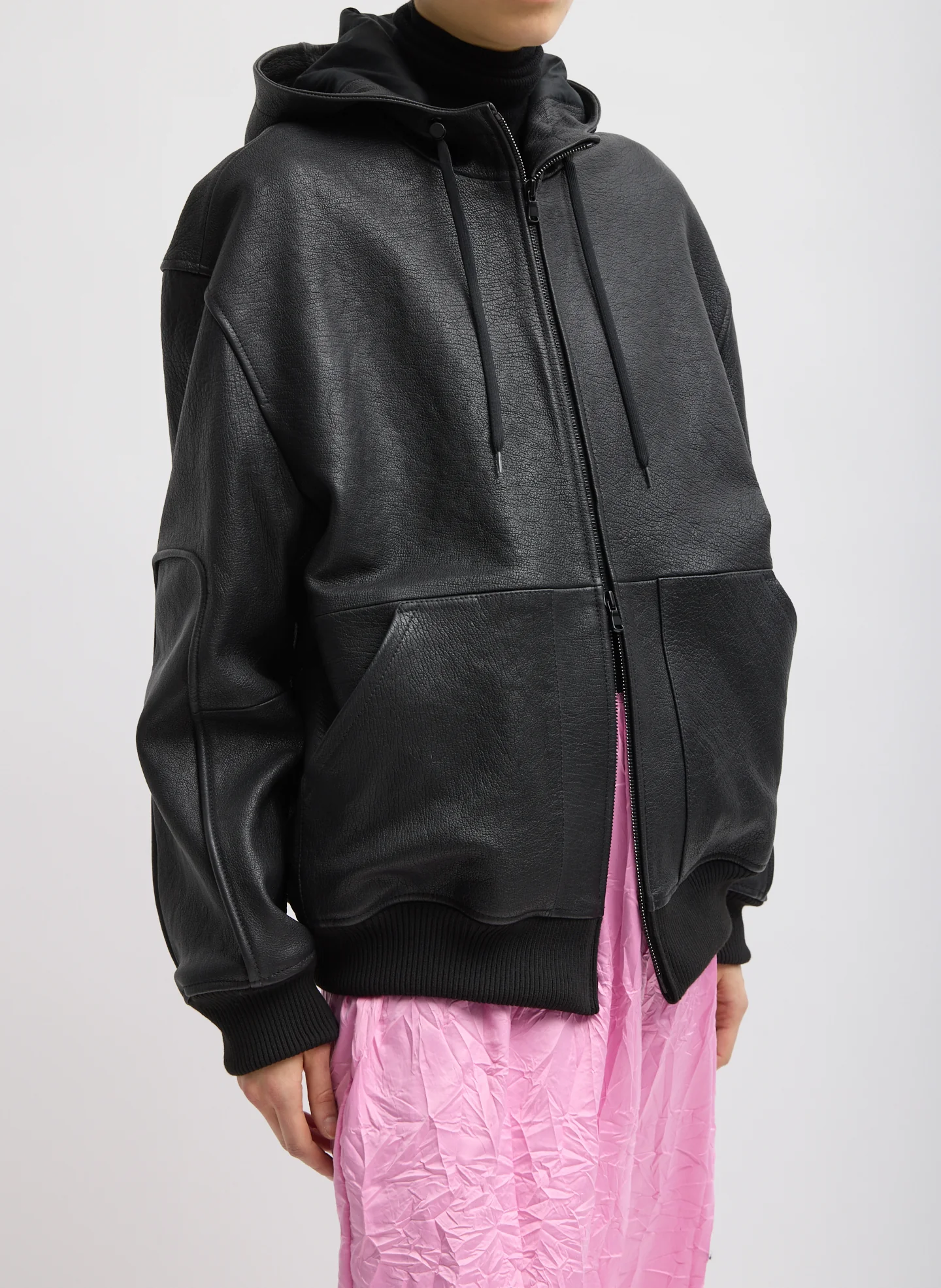 Pebbled Leather Zip Up Hoodie Jacket - Image 5