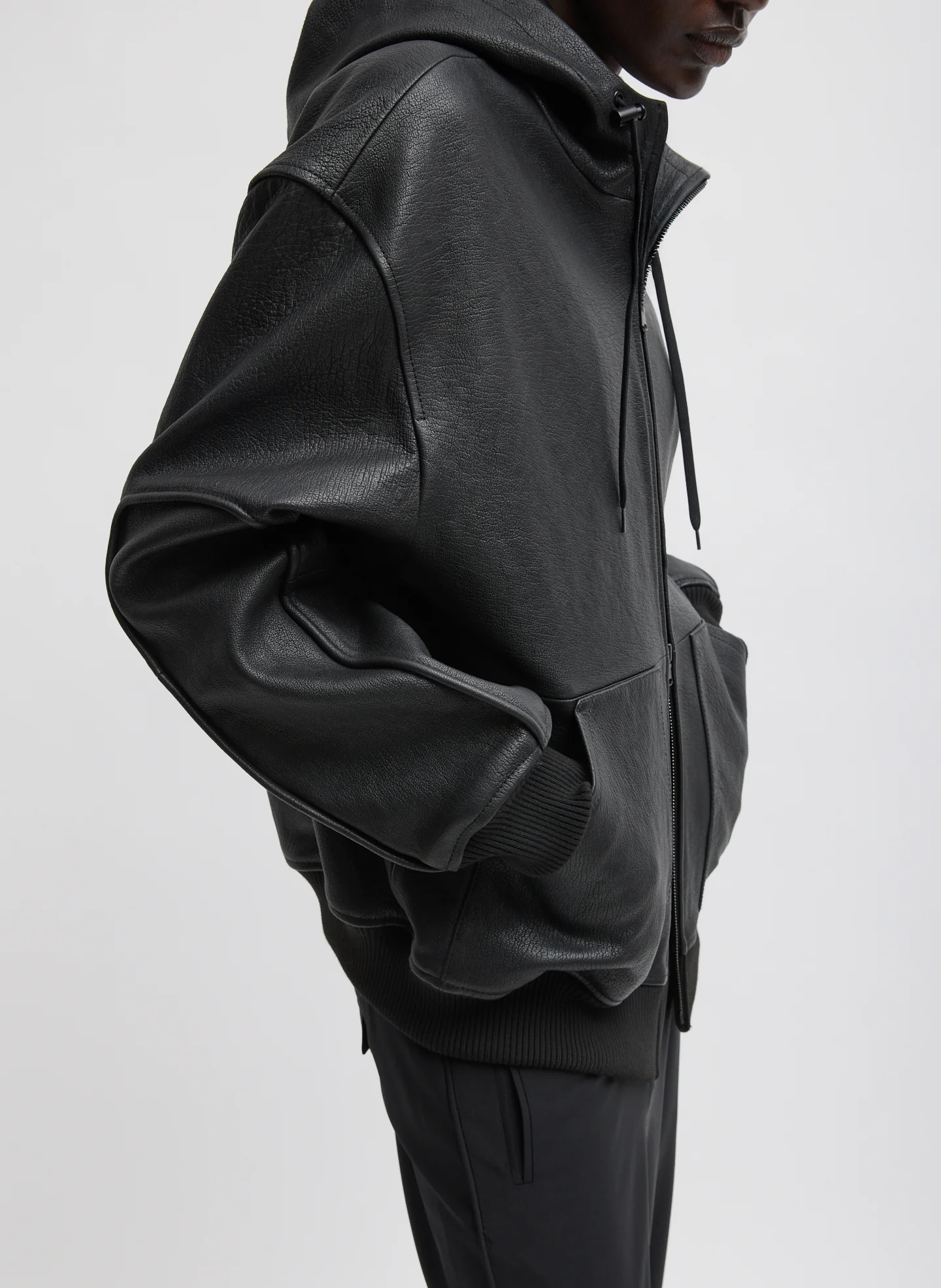 Pebbled Leather Zip Up Hoodie Jacket - Image 8