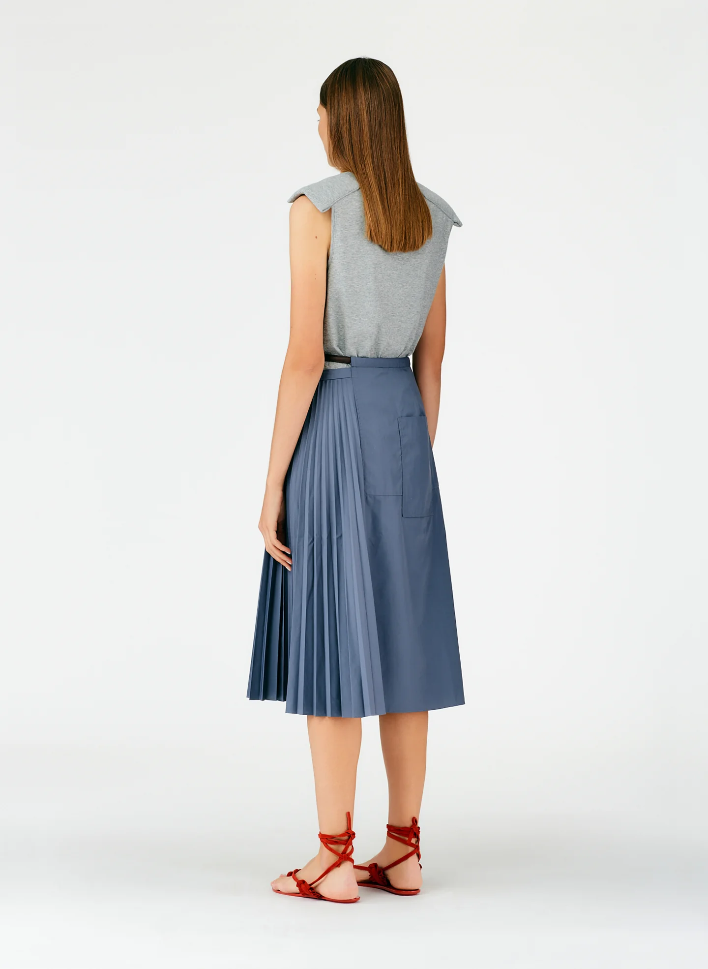Pleated Cotton Leather Wrap Skirt - Image 10