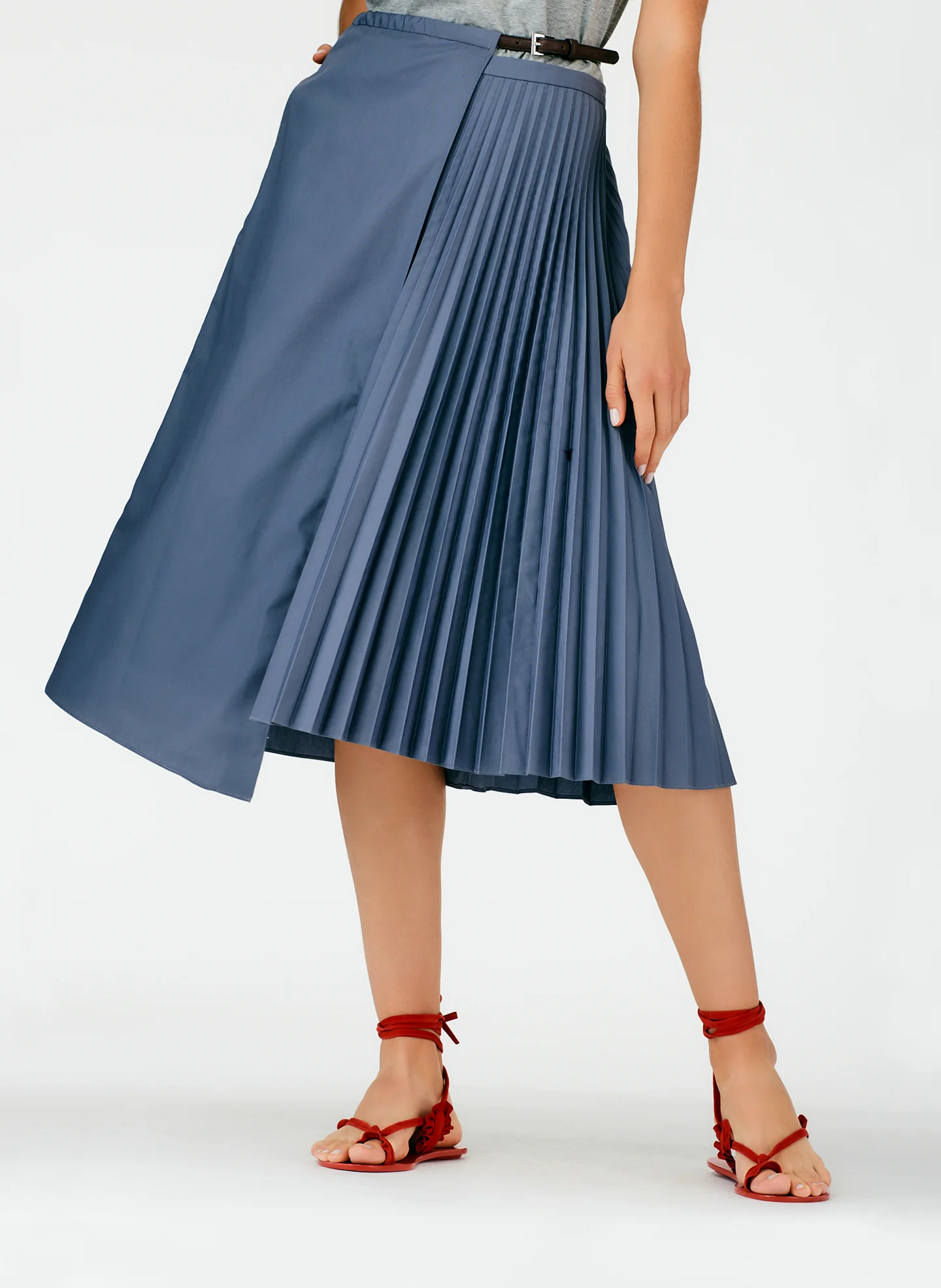 Pleated Cotton Leather Wrap Skirt - Image 11