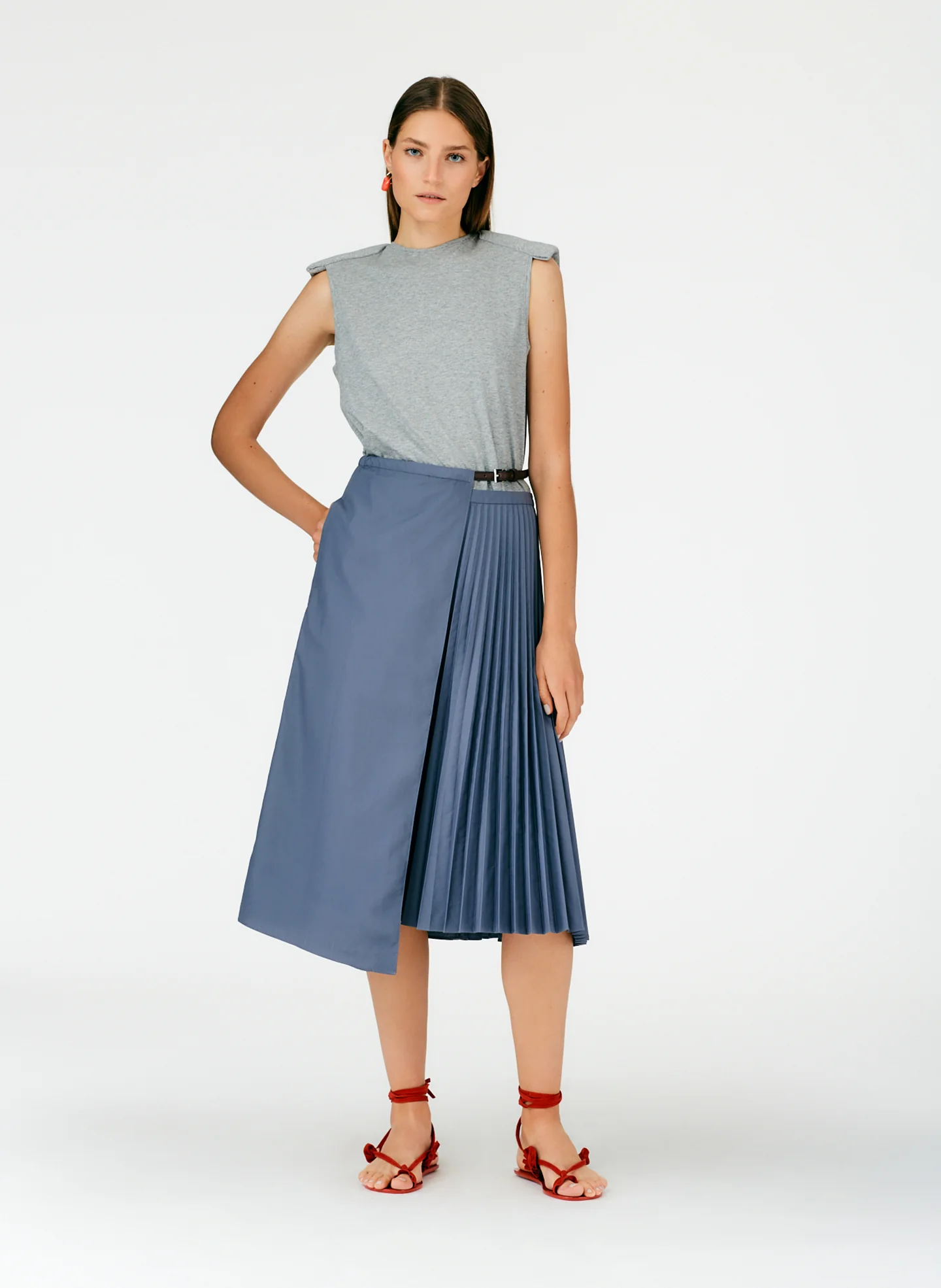 Pleated Cotton Leather Wrap Skirt - Image 12