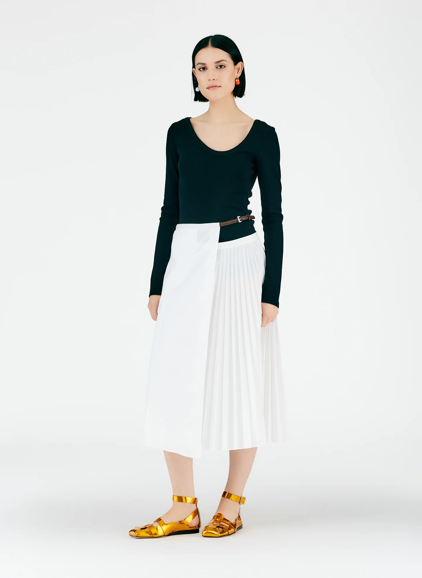 Pleated Cotton Leather Wrap Skirt - Image 5