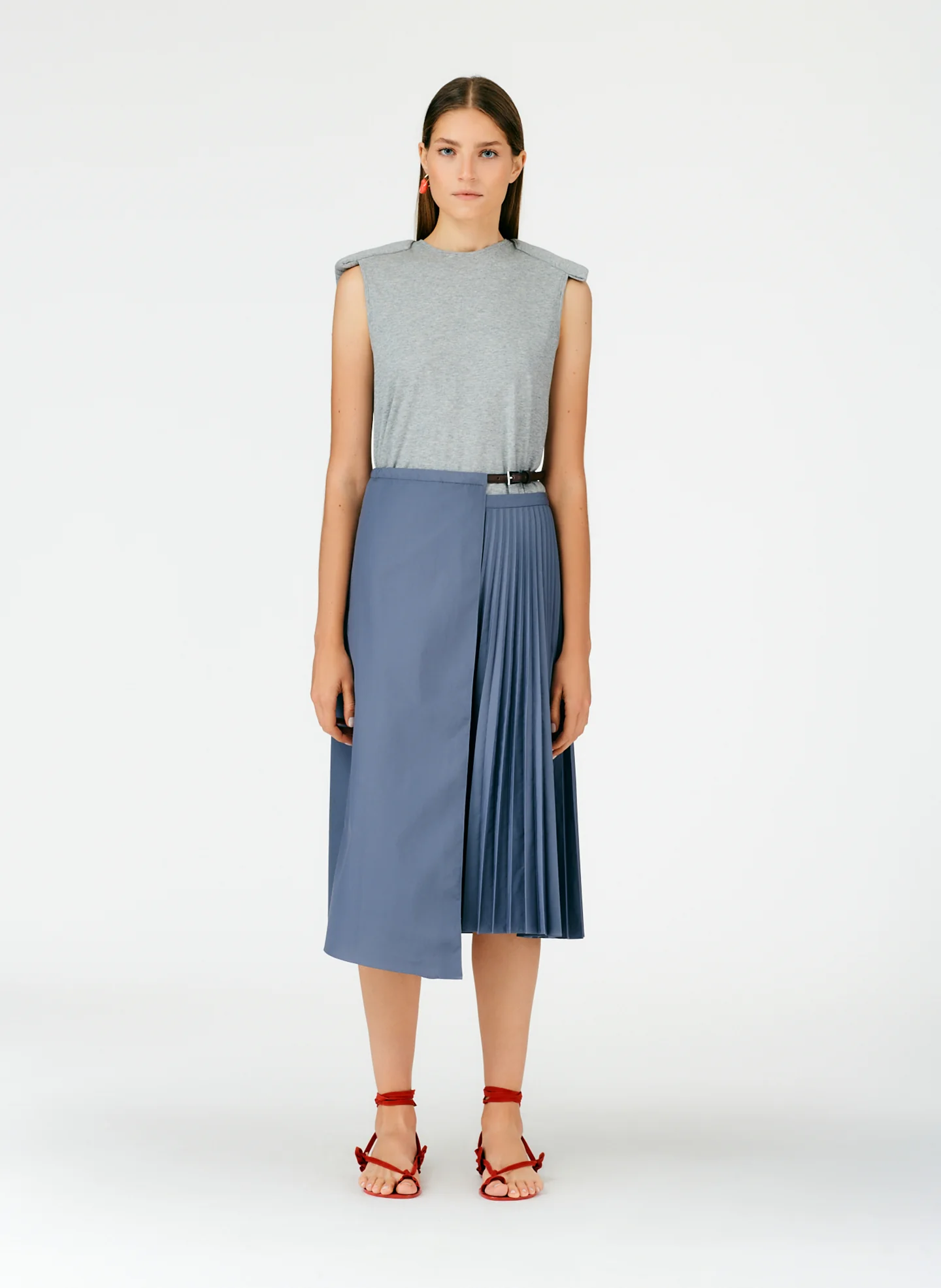 Pleated Cotton Leather Wrap Skirt - Image 7
