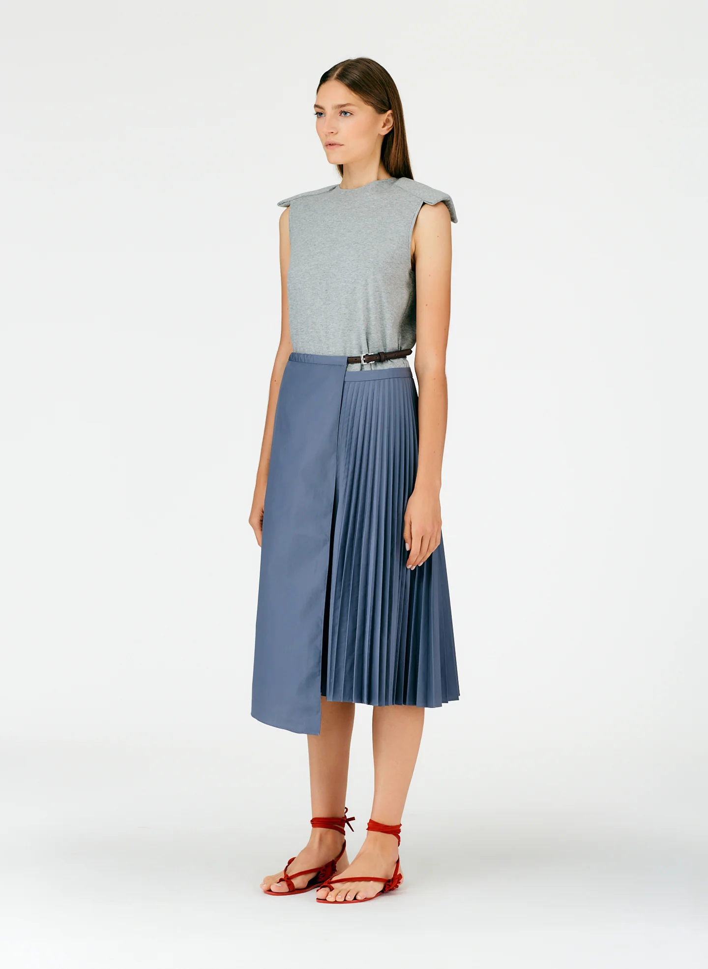 Pleated Cotton Leather Wrap Skirt - Image 8