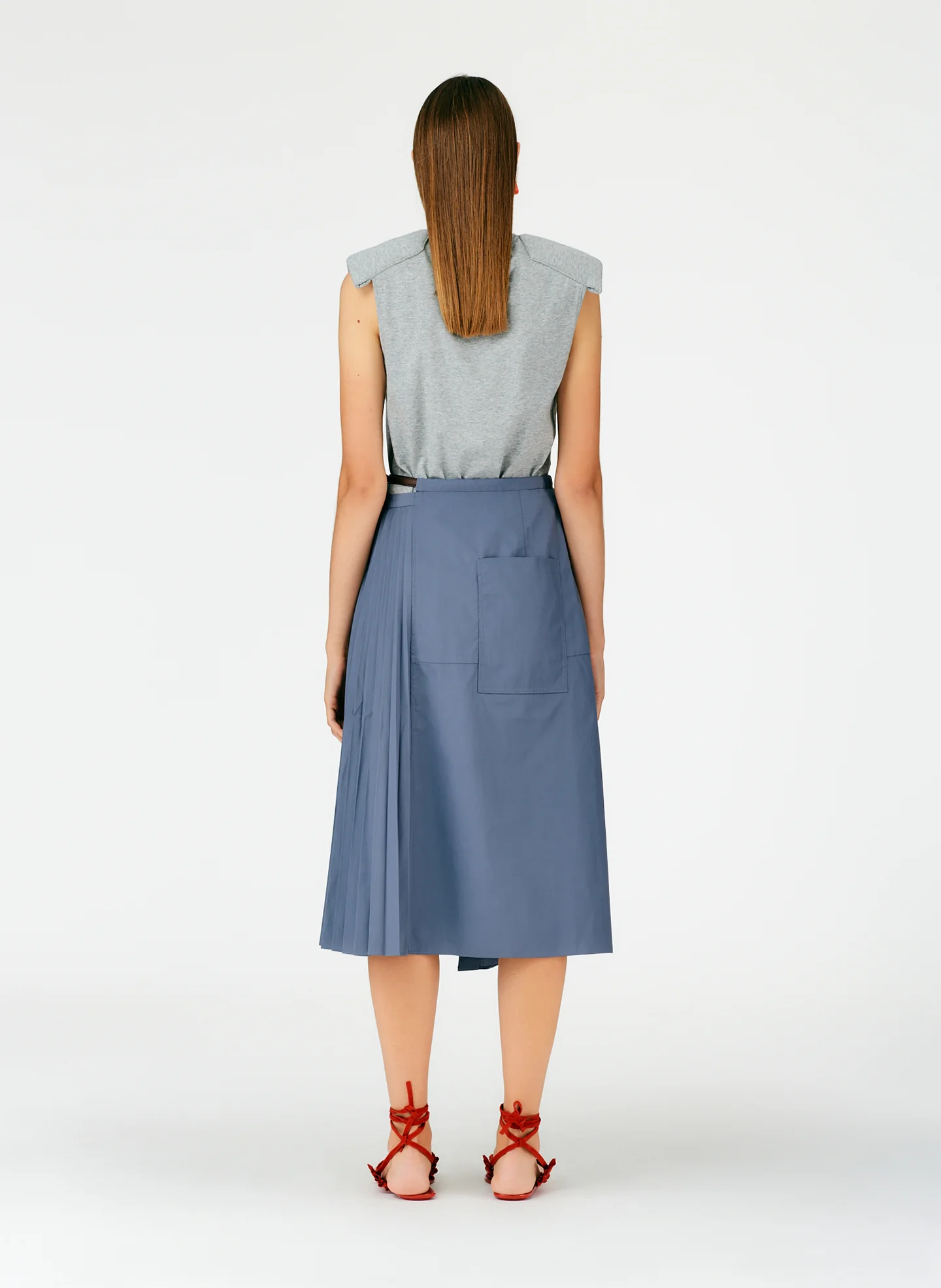 Pleated Cotton Leather Wrap Skirt - Image 9