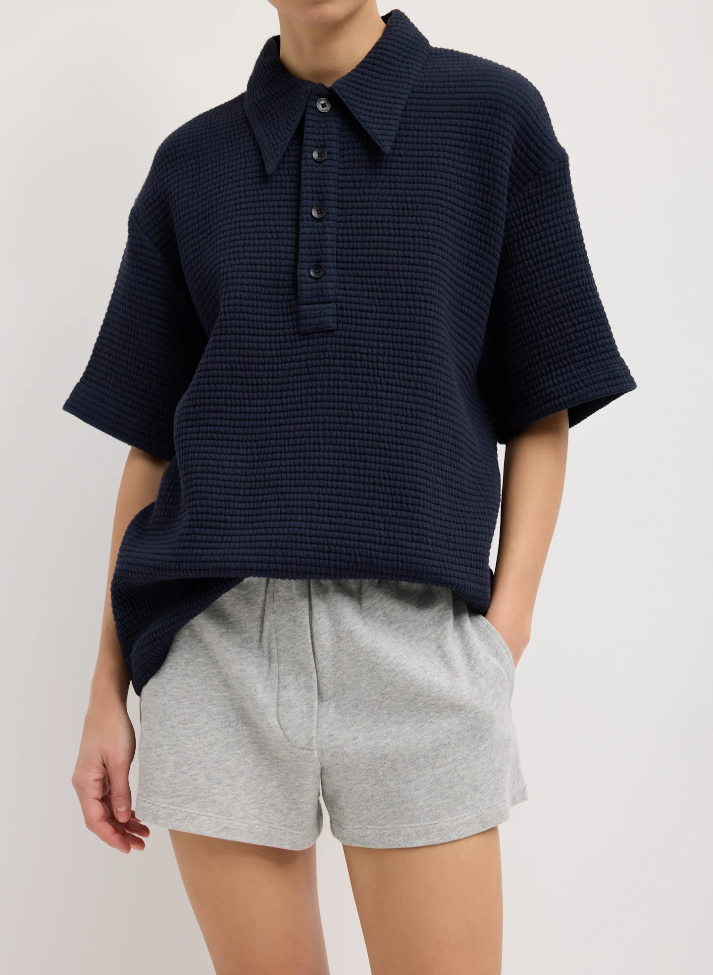 Quilted Waffle Polo Tunic Top