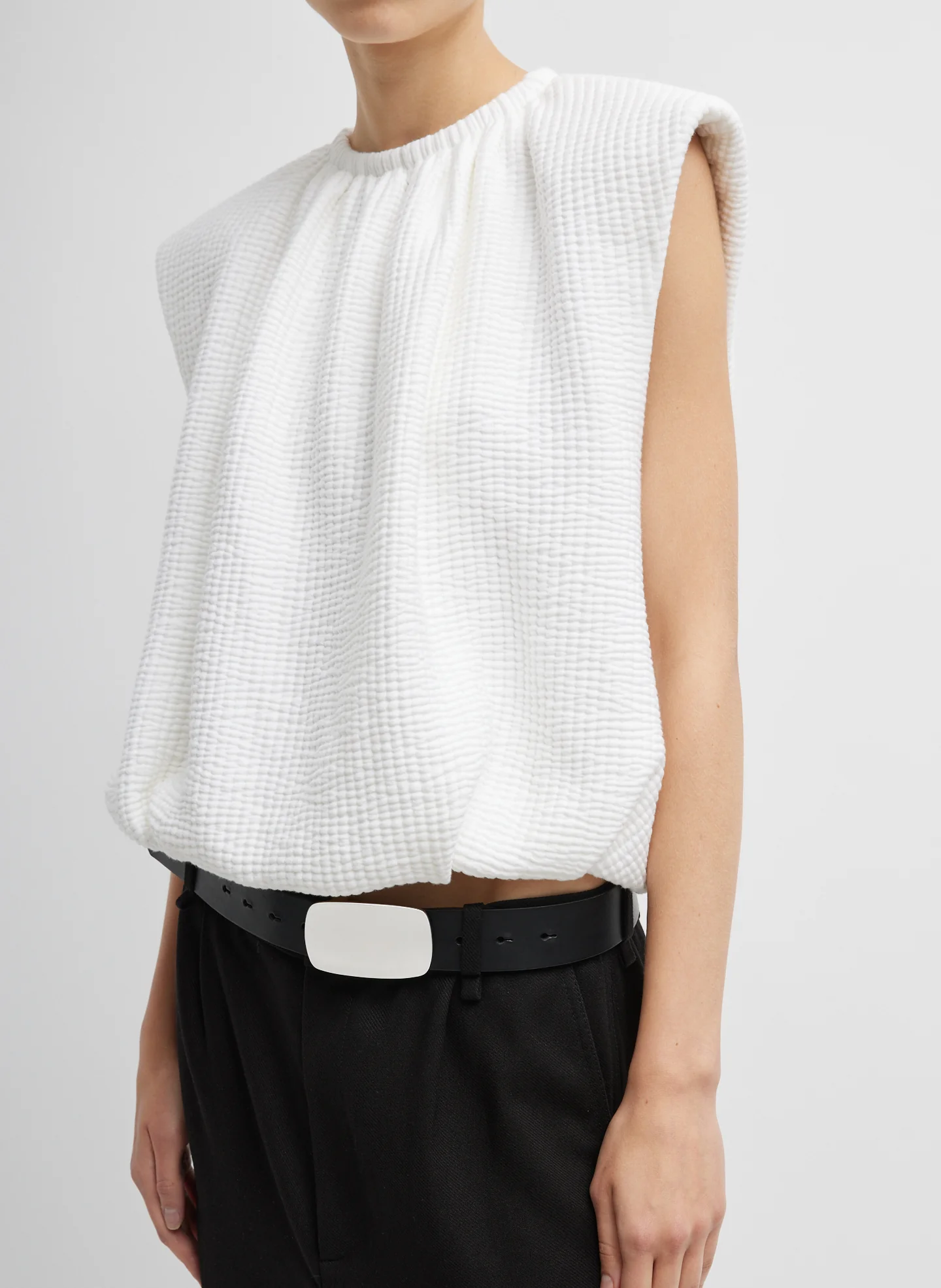 Quilted Waffle Shirred Neck Top