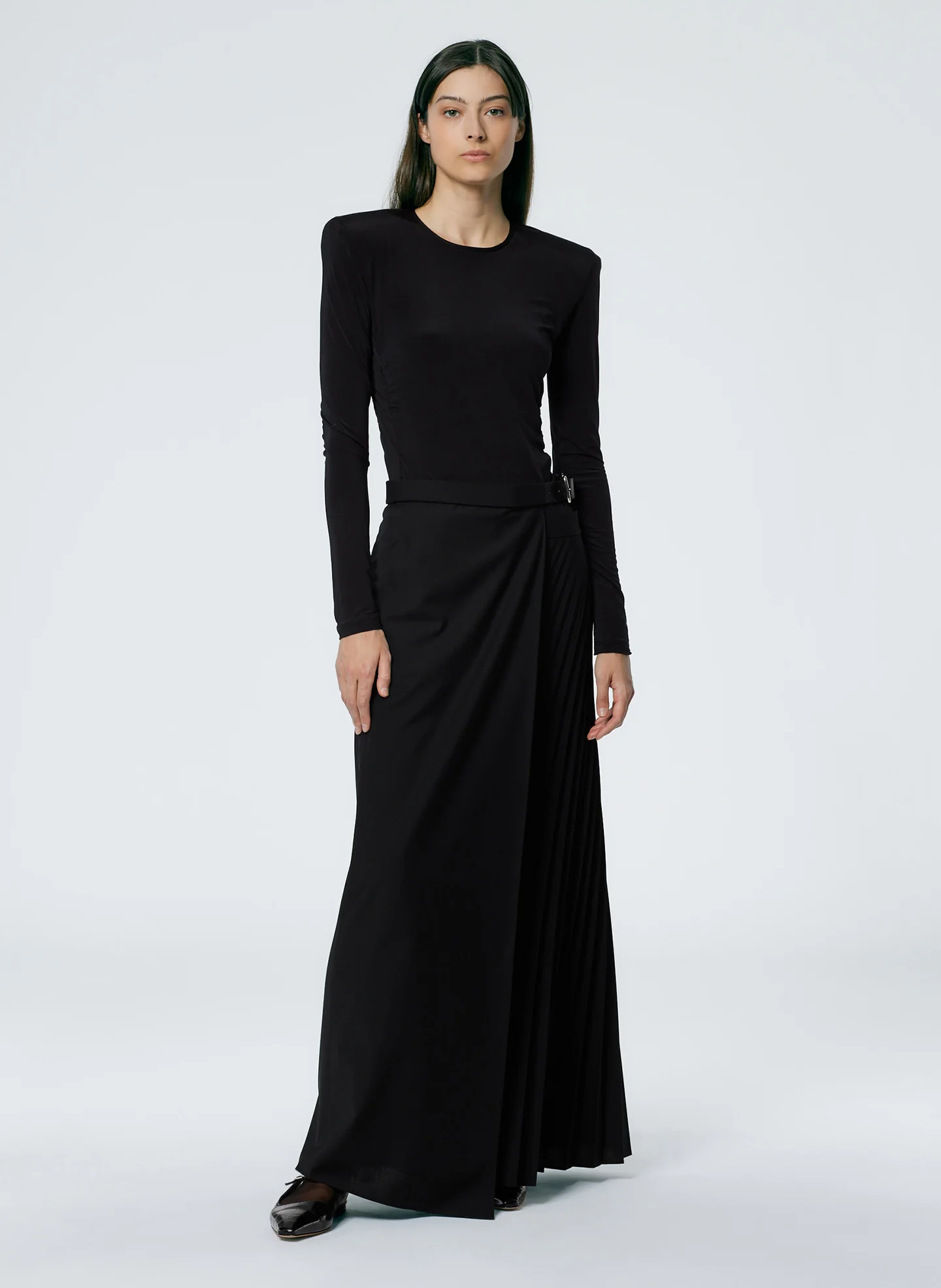 Tropical Wool Pleated Leather Belt Maxi Skirt - Image 6