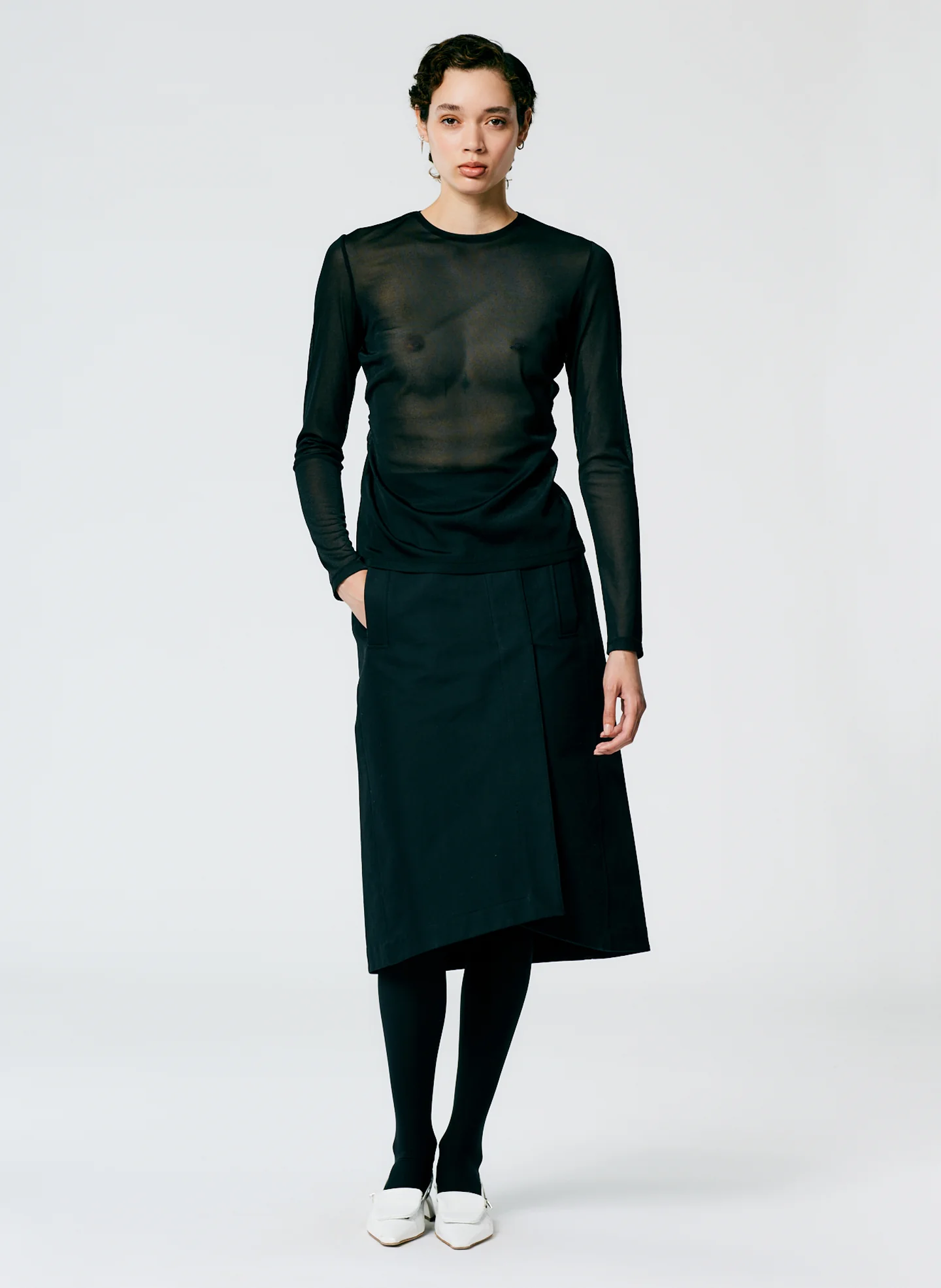 Sheer Gauze Long Sleeve Top With Pintuck Detail - Image 4