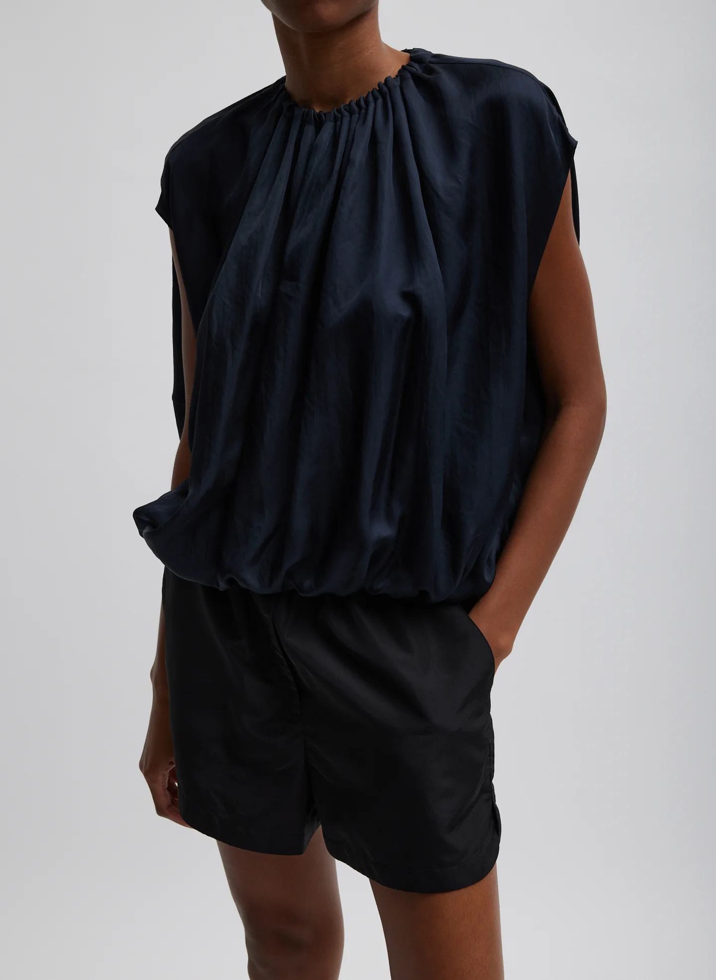 Spring Acetate Shirred Neck Circular Top