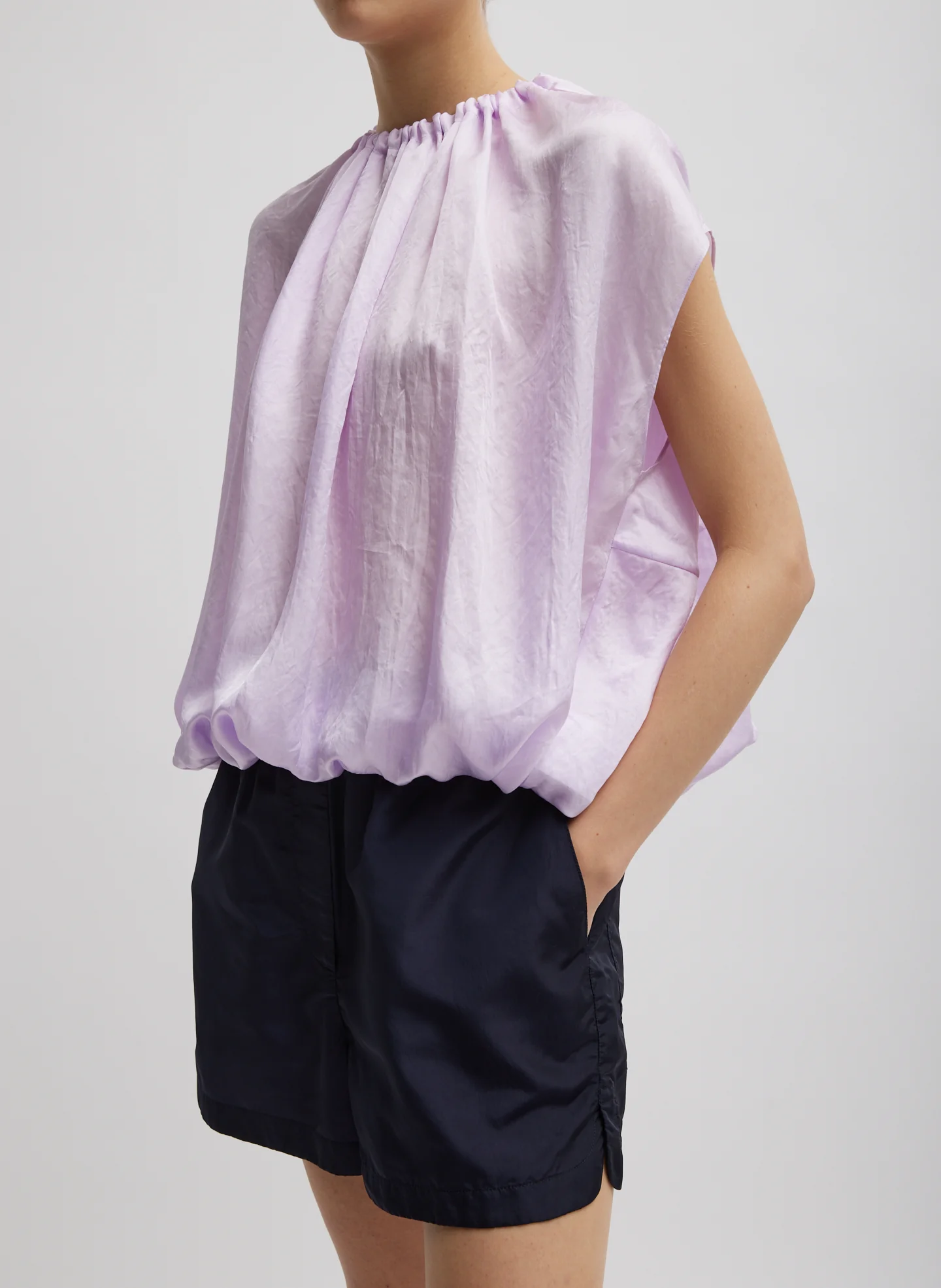 Spring Acetate Shirred Neck Circular Top