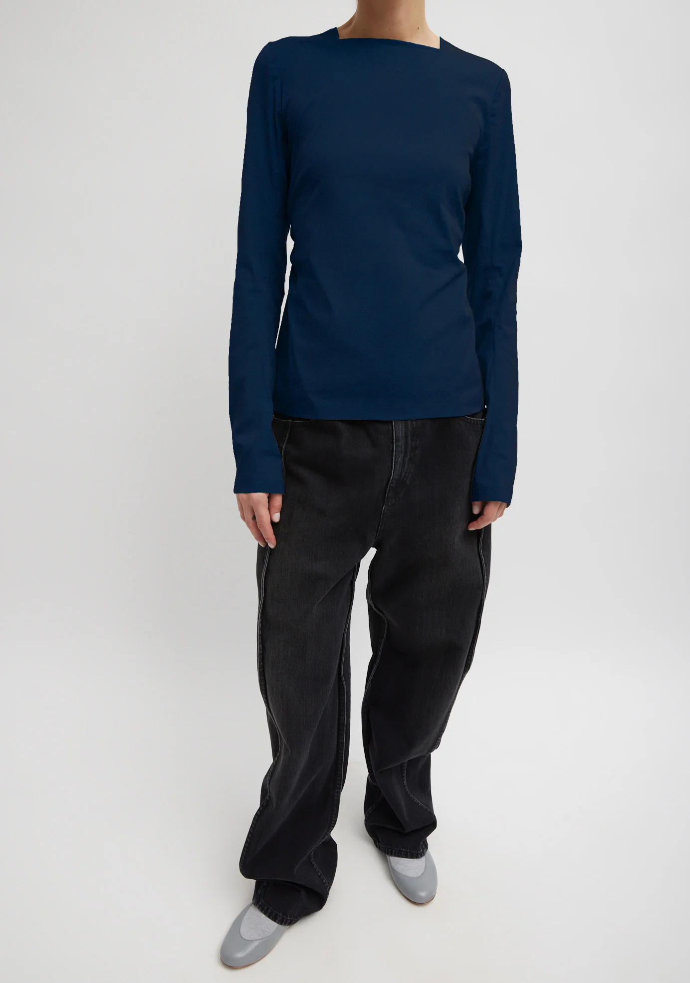 Stretch Cotton Nylon Square Neck Slim Circular Sleeve Top - Image 4