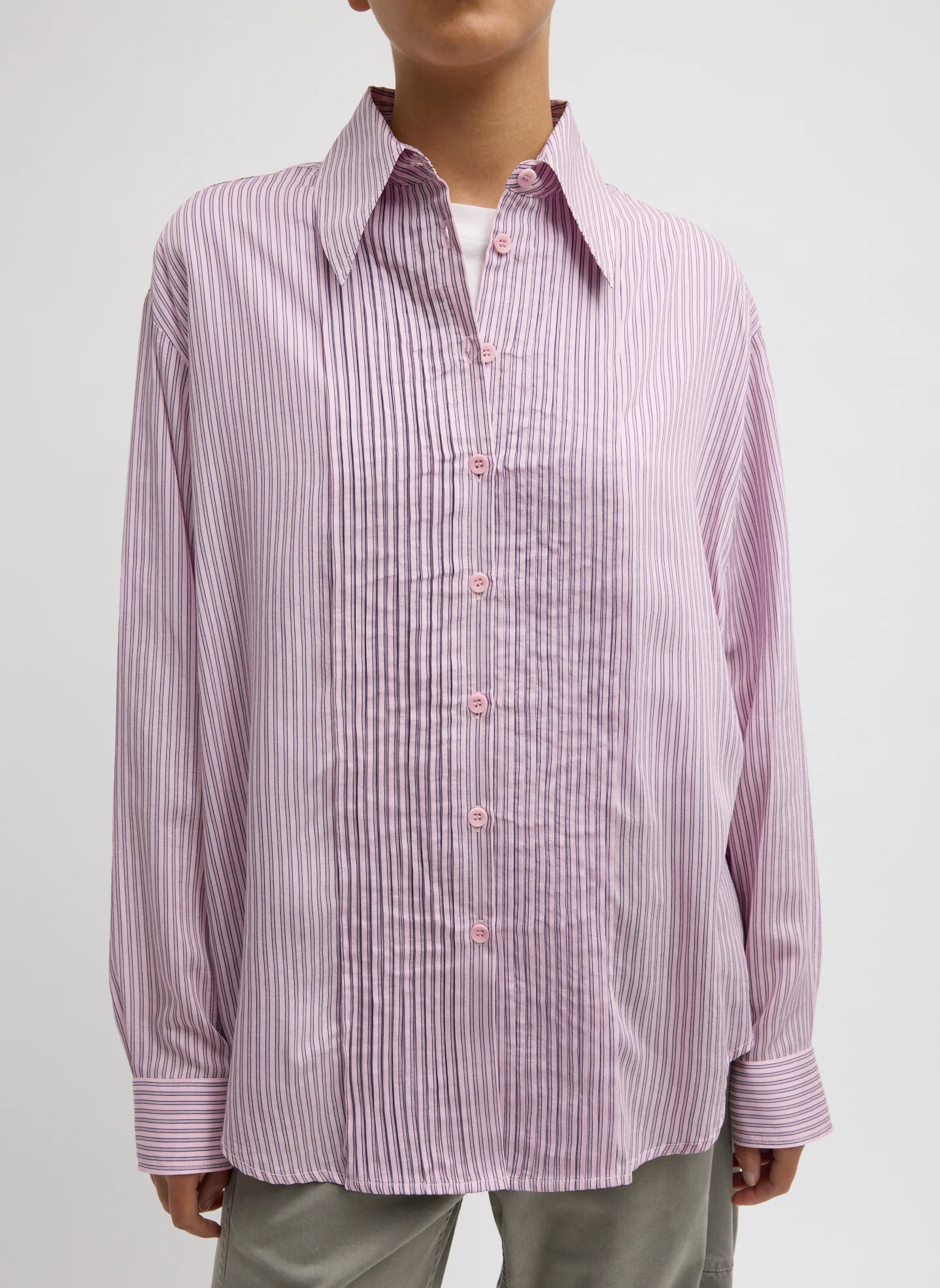 Ultra Light Silk Tencel Striped Pintucked Shirt