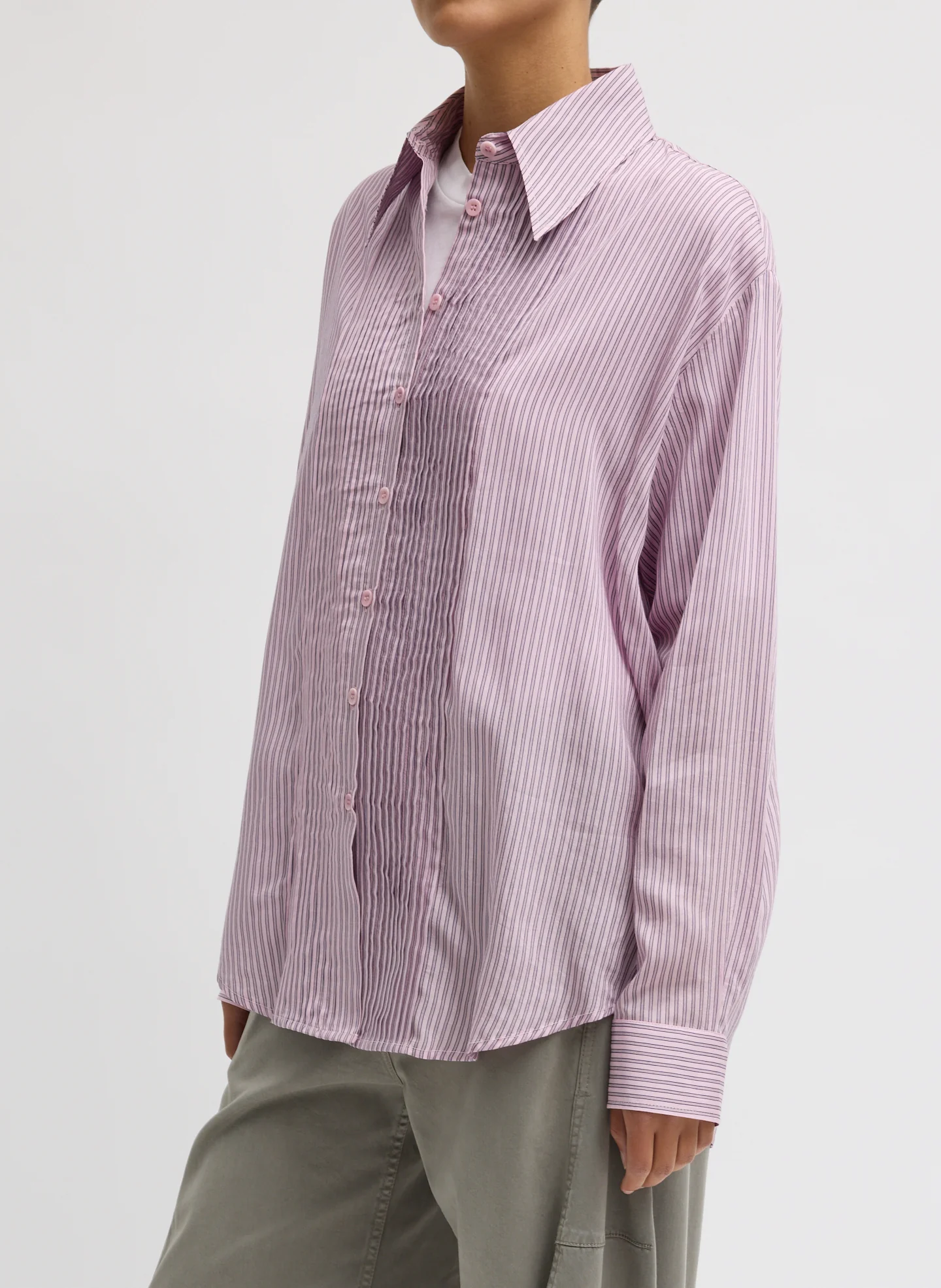 Ultra Light Silk Tencel Striped Pintucked Shirt - Image 2
