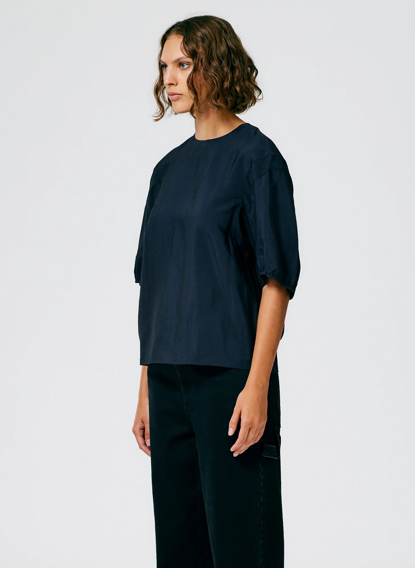 Viscose Plainweave Balloon Sleeve Crewneck Top - Image 2