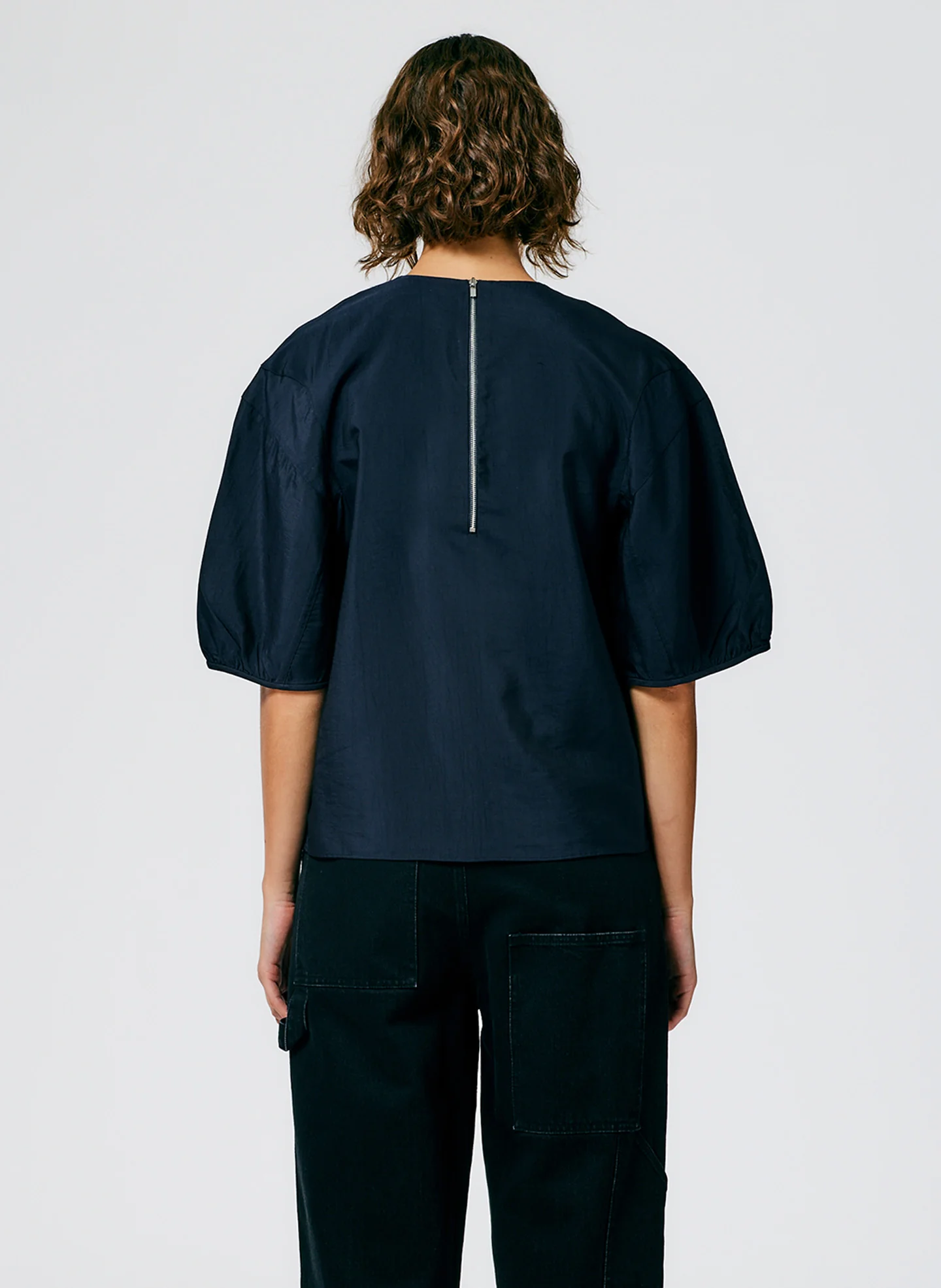 Viscose Plainweave Balloon Sleeve Crewneck Top - Image 3