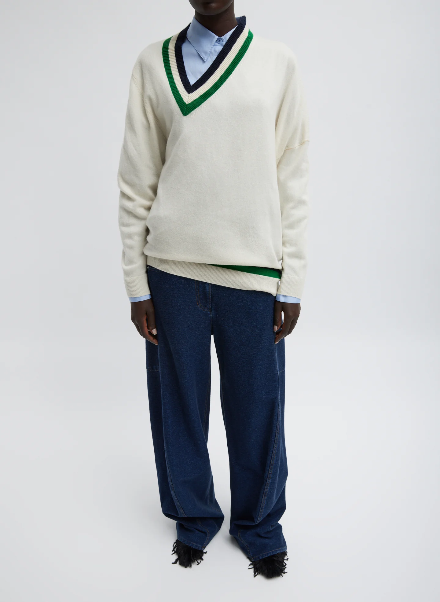 Washable Cashmere Striped Warp V-Neck Pullover